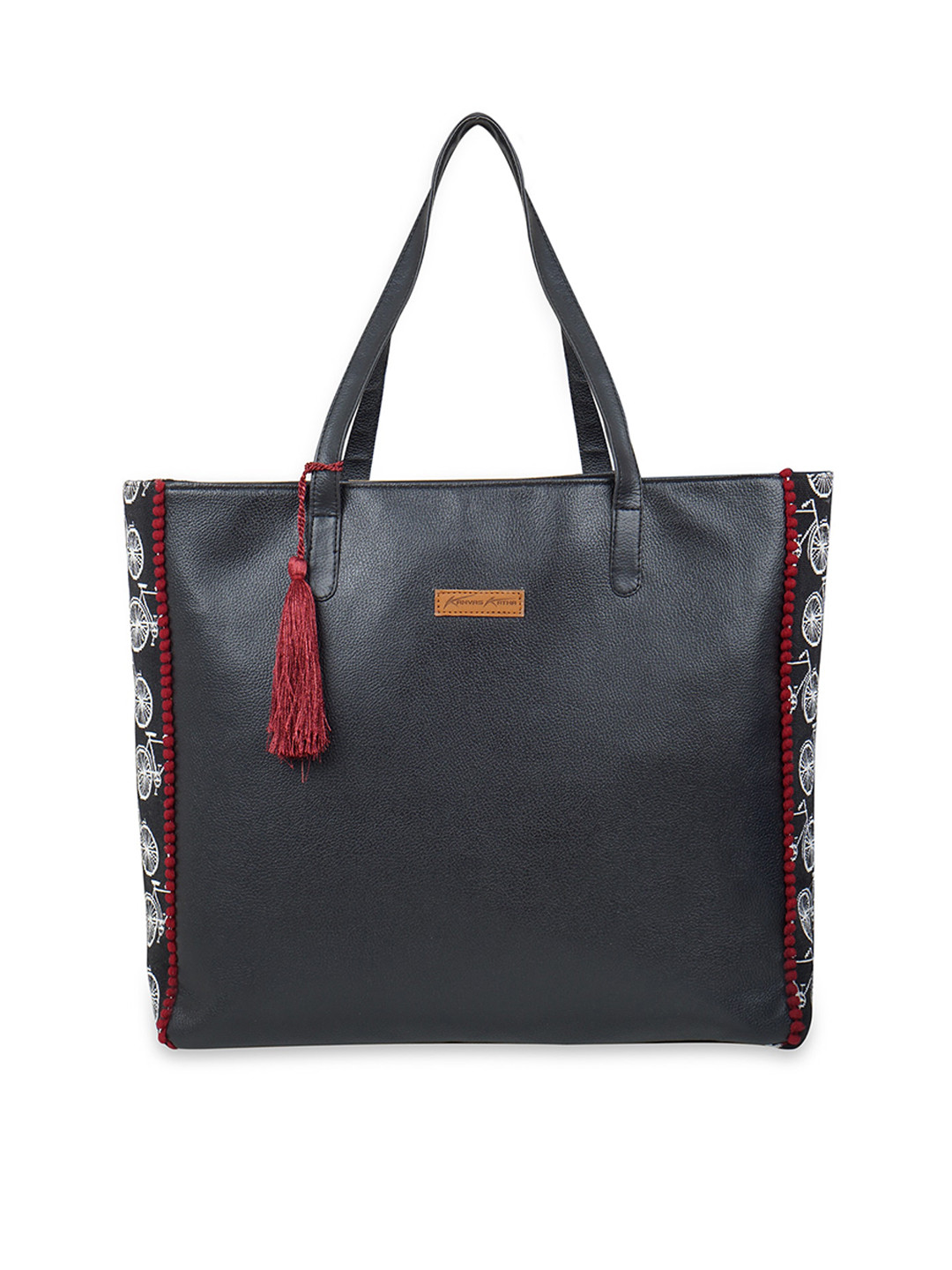 

Kanvas Katha Geometric Printed PU Oversized Tote Bag With Tasselled, Black