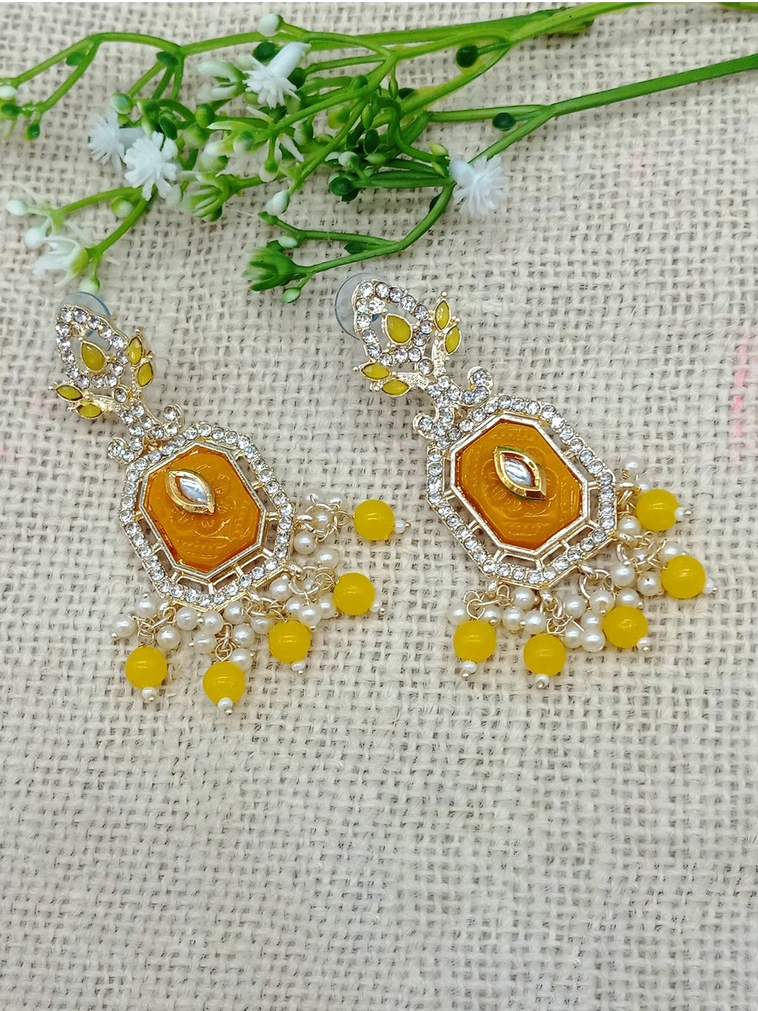 

AASHISH IMITATION Gold Plated Contemporary Kundan Studded & Beaded Drop Earrings
