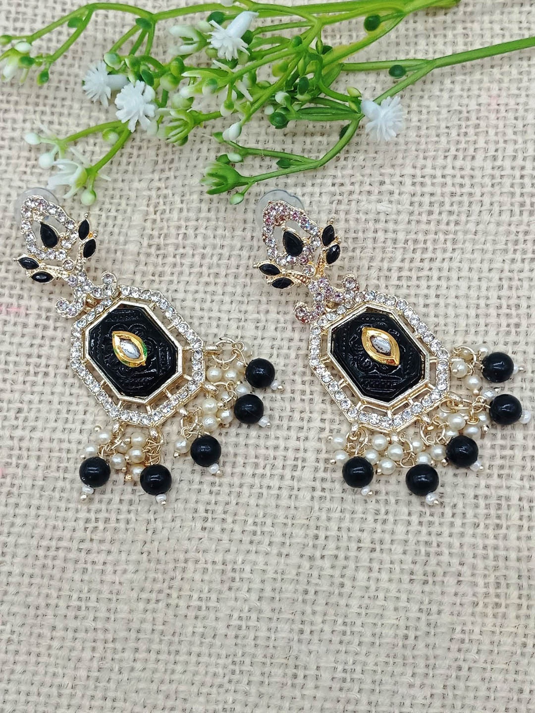 

AASHISH IMITATION Gold Plated Contemporary Kundan Studded & Beaded Drop Earrings