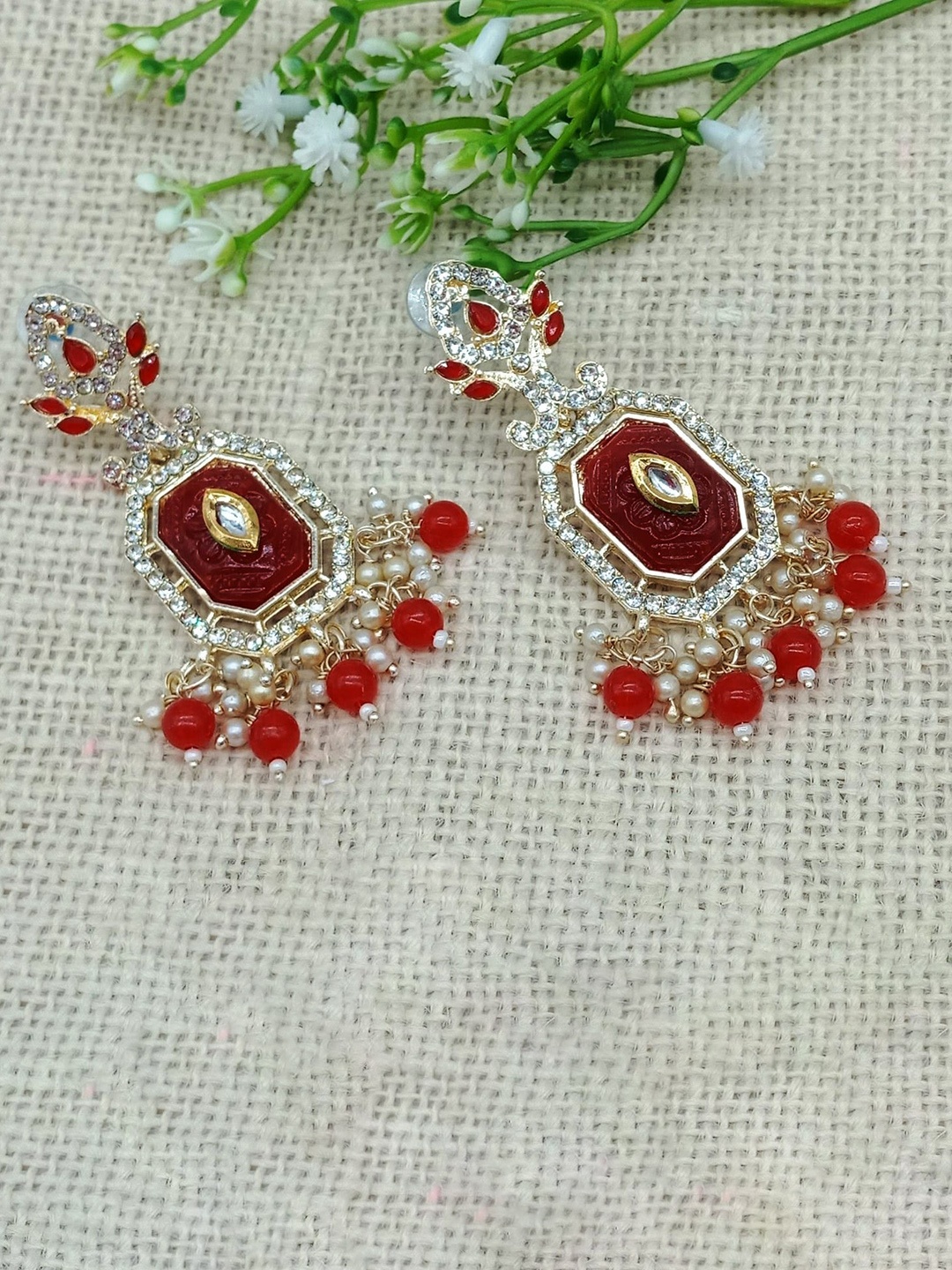 

AASHISH IMITATION Gold-Plated Contemporary Drop Earrings, Red