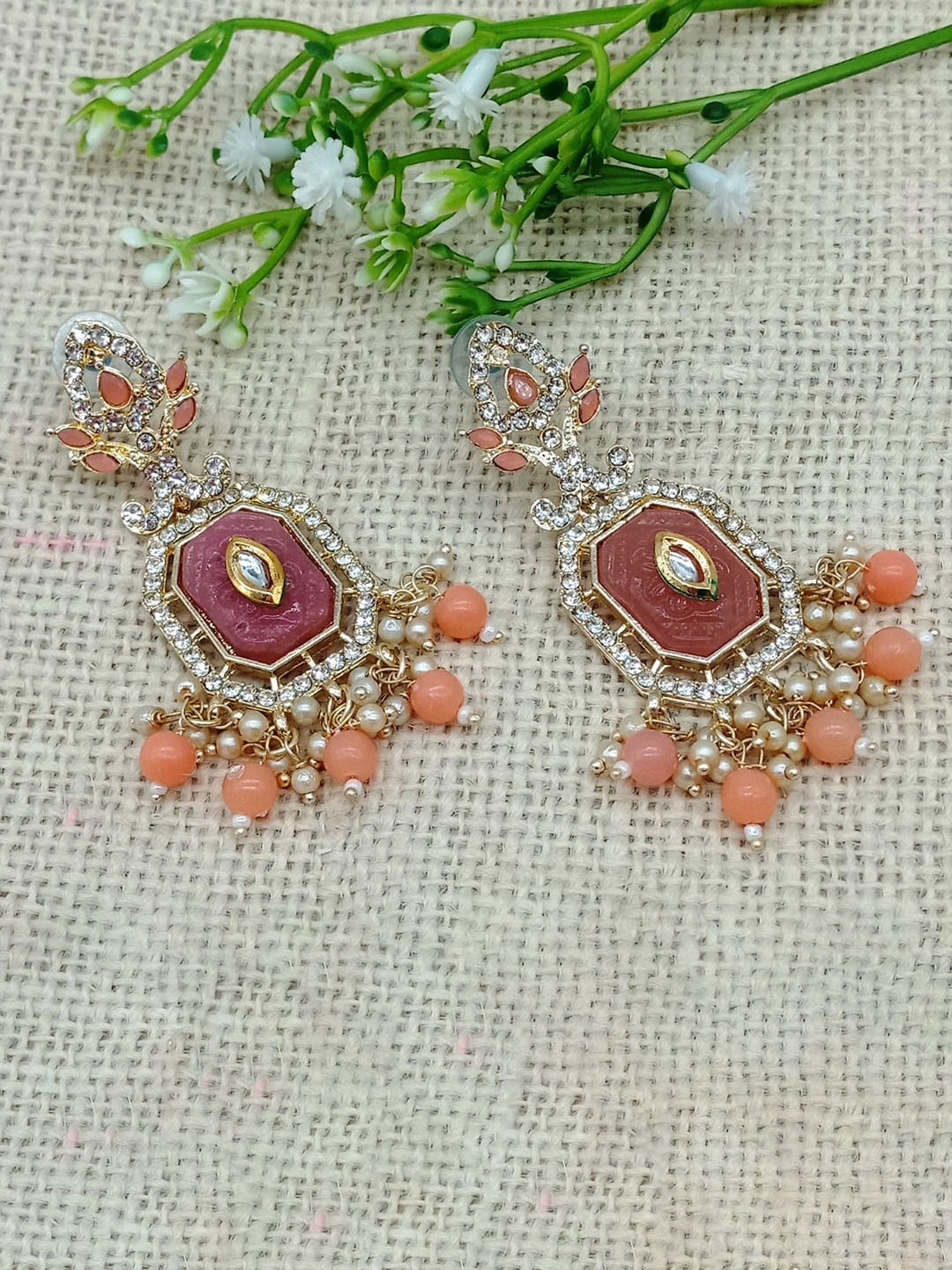 

AASHISH IMITATION Gold-Plated Kundan Drop Earrings, Peach