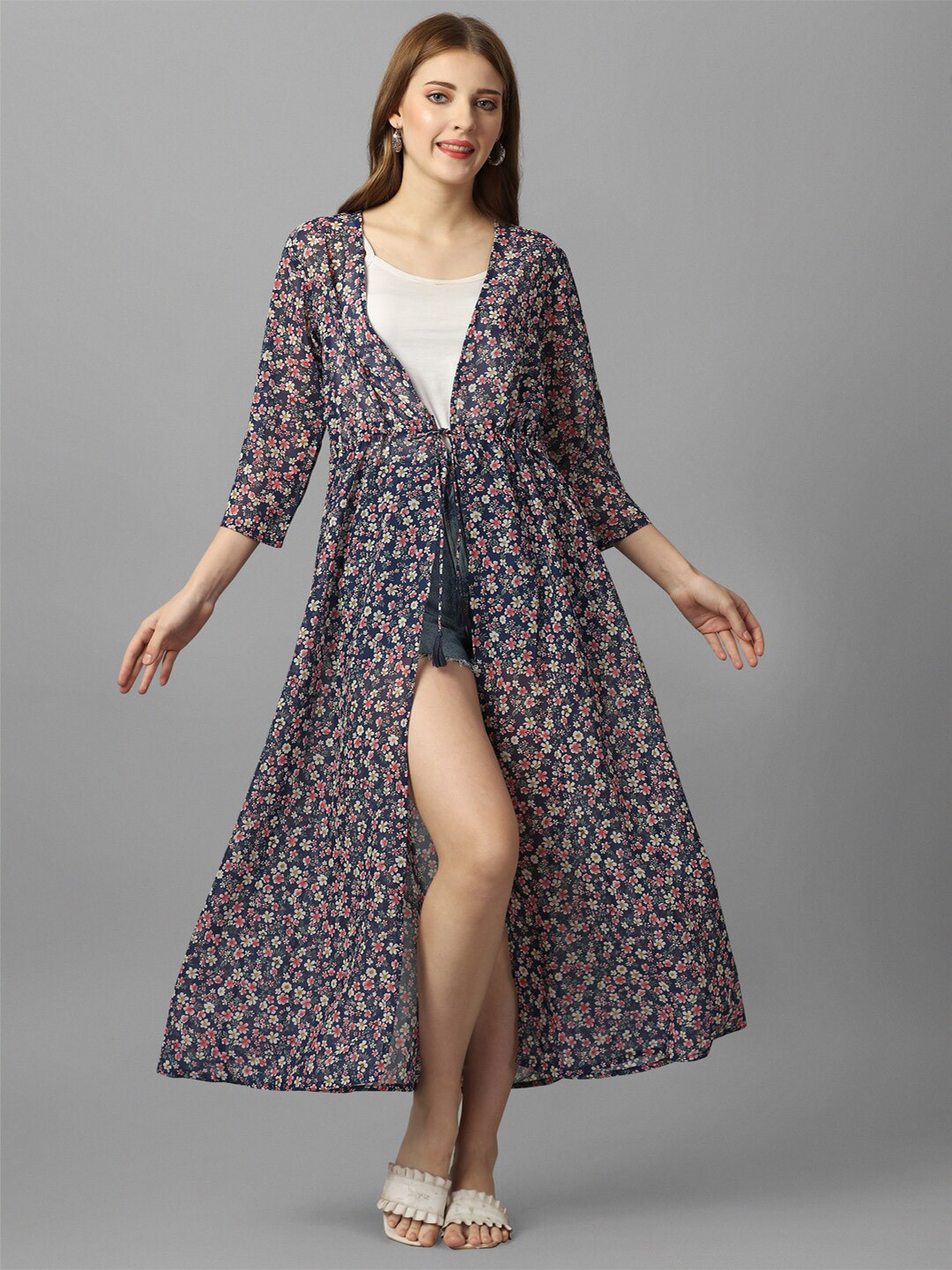 

Fbella Floral Printed Longline Tie-Up Shrug, Navy blue