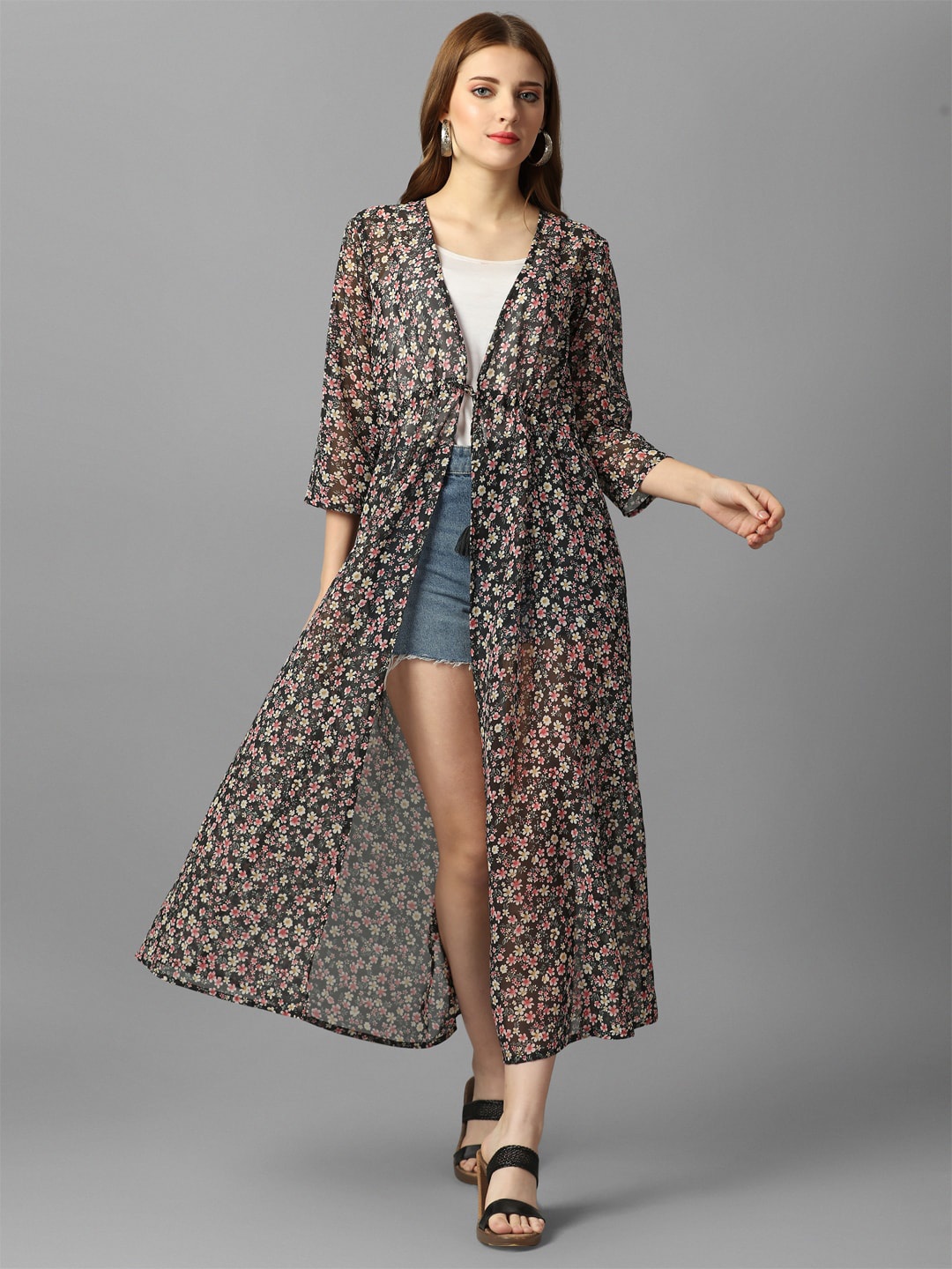 

Fbella Floral Printed Longline Tie-Up Shrug, Black