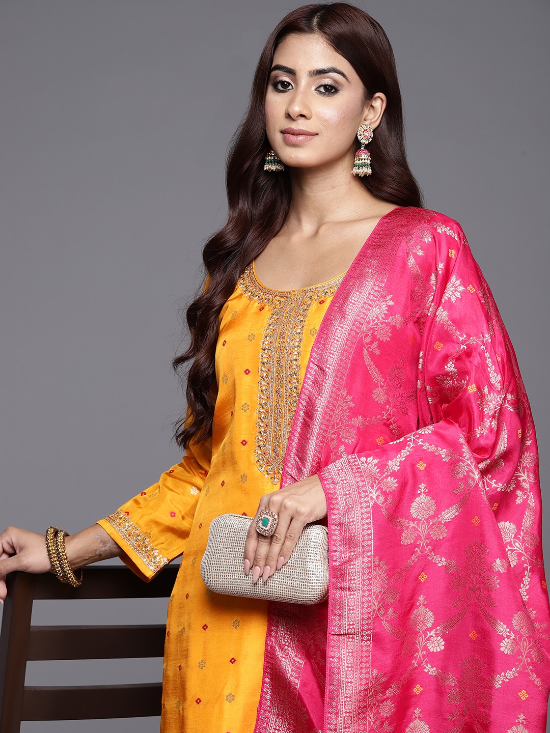 

Libas Ethnic Motifs Printed Thread Work Detail Pure Silk Kurta with Trousers & Dupatta, Yellow
