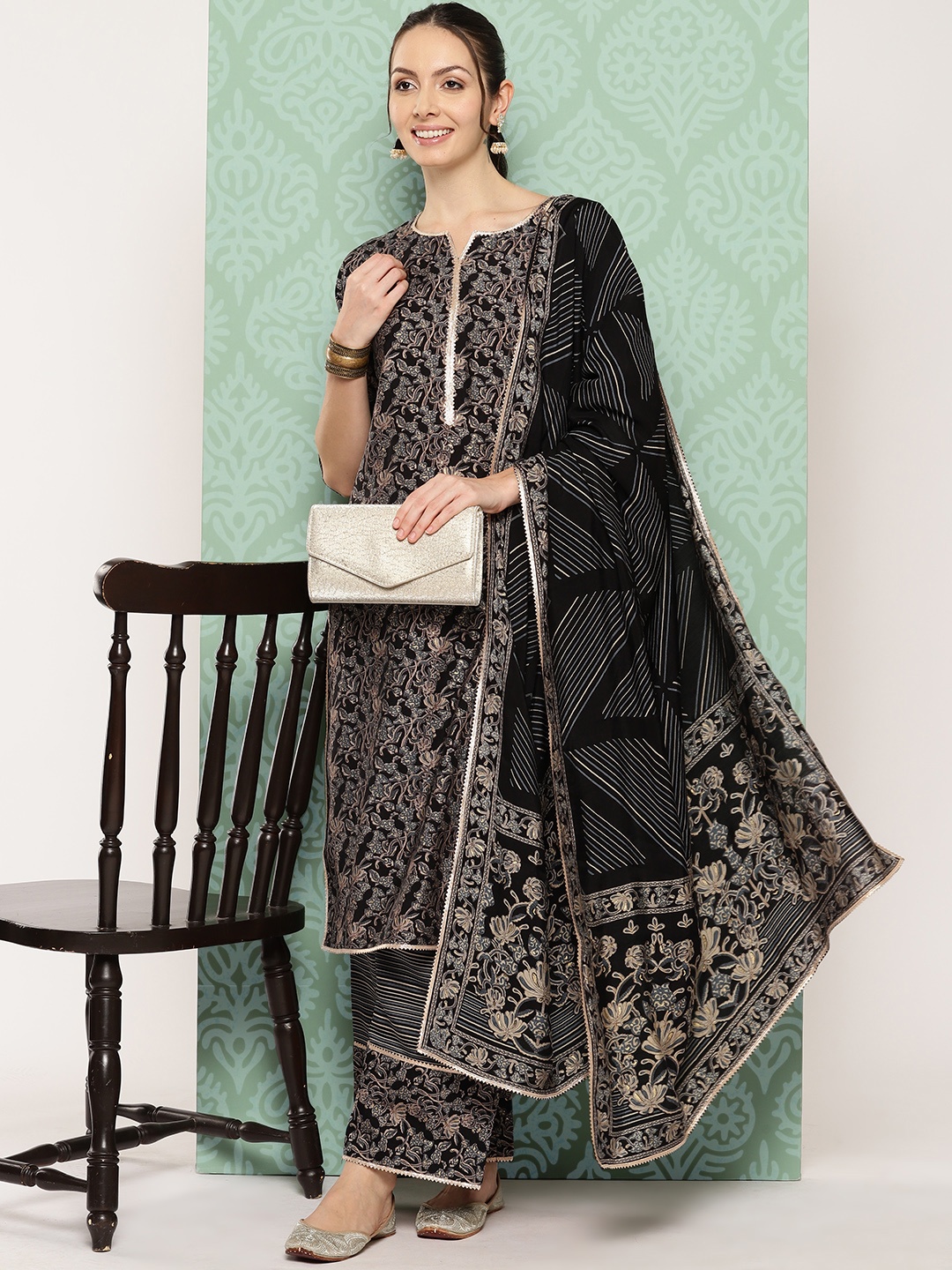 

Libas Ethnic Motifs Printed Gotta Patti Detail Straight Kurta with Palazzos & Dupatta, Black