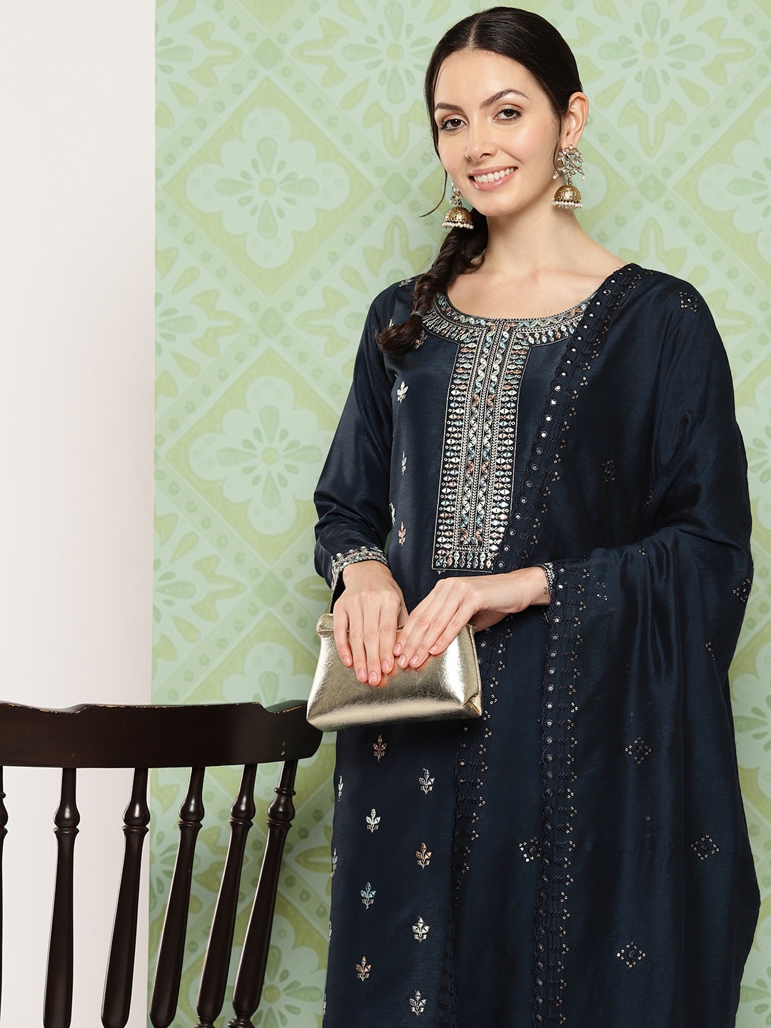 

Liba Ethnic Motifs Embroidered Sequinned Detail Pure Silk Kurta with Trousers & Dupatta, Navy blue