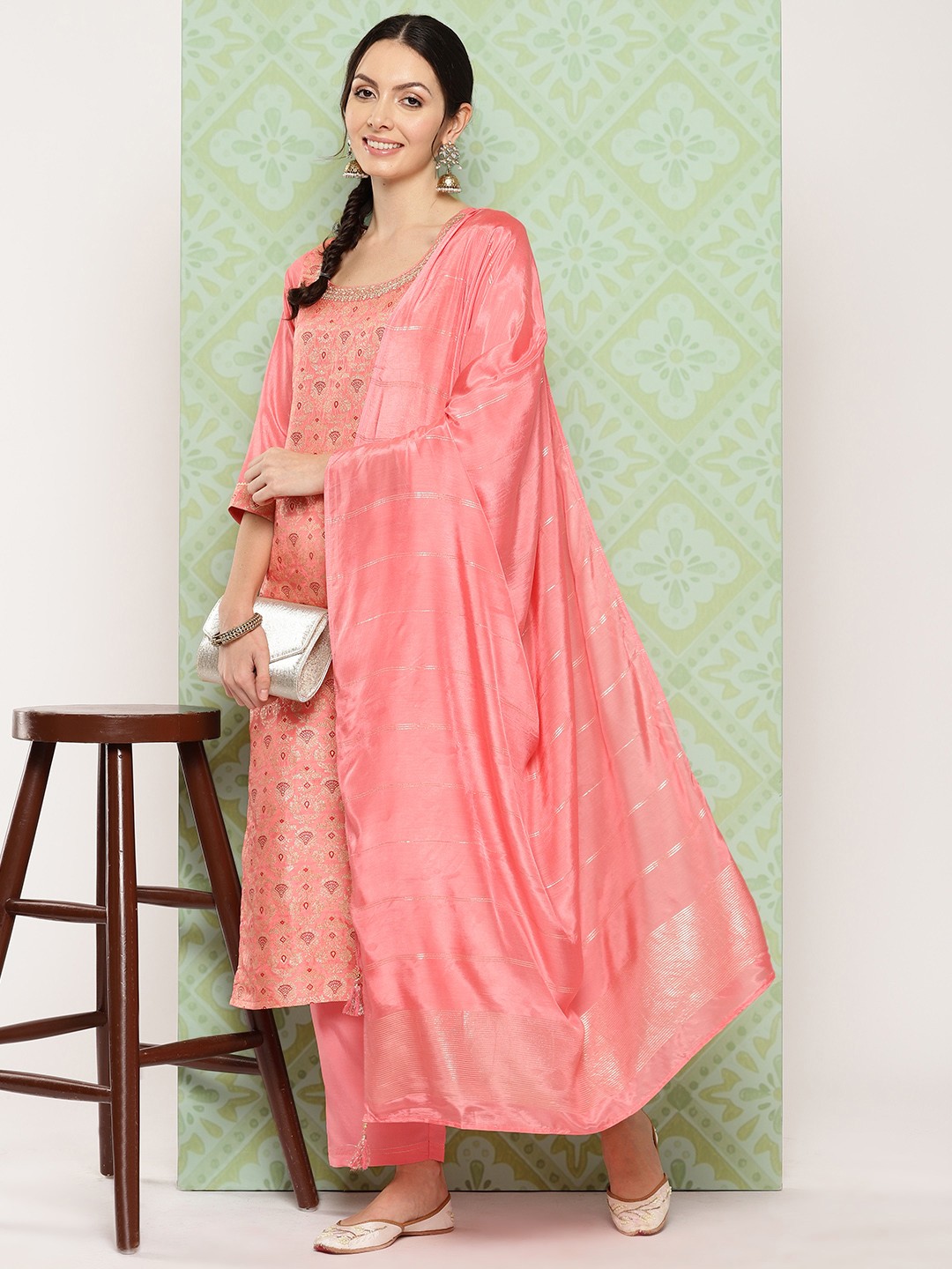 

Libas Ethnic Motifs Regular Kurta with Trousers & Dupatta, Peach
