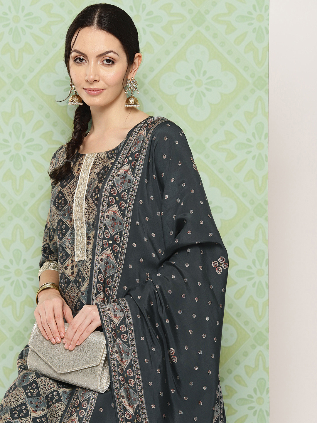 

Libas Ethnic Motifs Printed Regular SequinnedKurta with Trousers & Dupatta, Grey