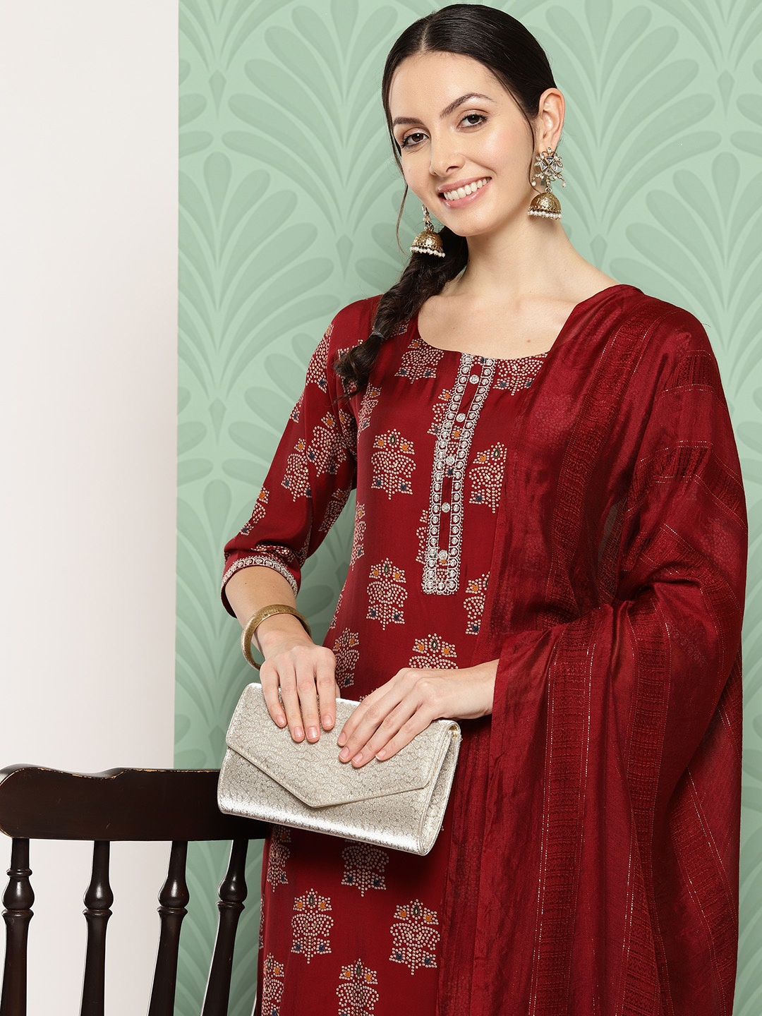 

Libas Bandhani Printed Regular Kurta with Palazzos & Dupatta, Red