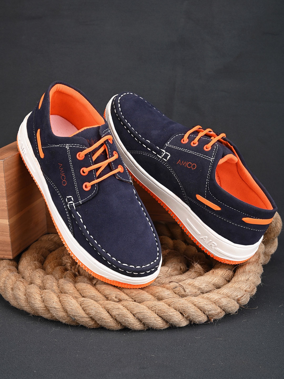 

AMICO Men Lightweight Comfort Insole Contrast Sole Boat Shoes, Navy blue