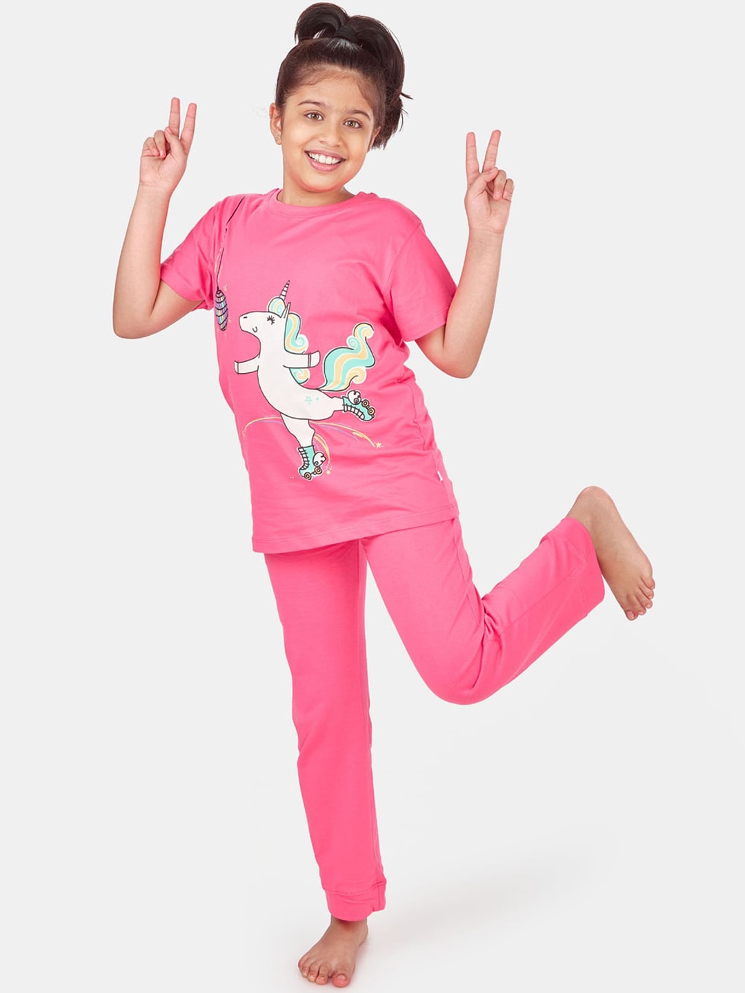 

You Got Plan B Girls Graphic Printed Pure Cotton Night suit, Pink