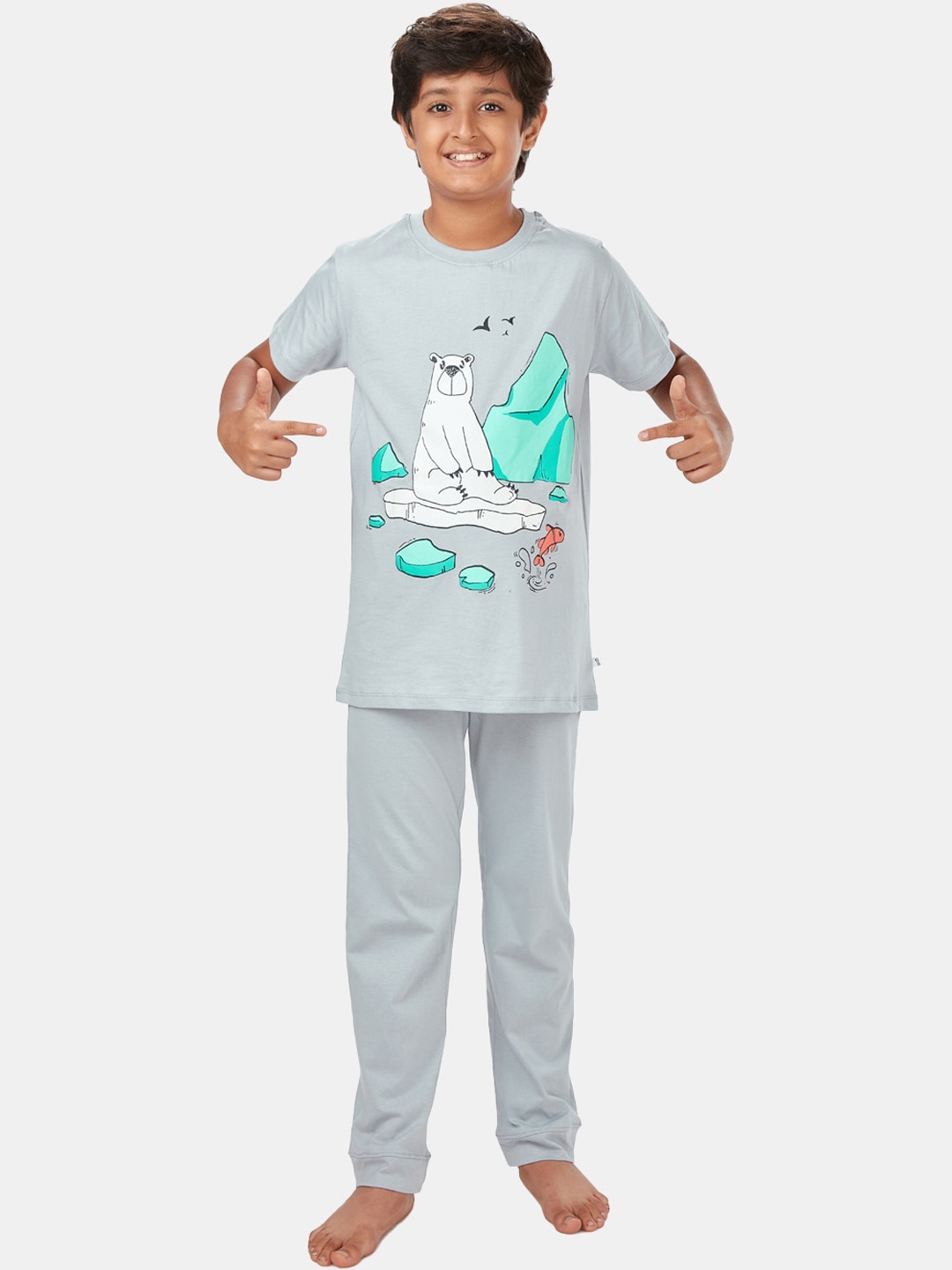 

You Got Plan B Boys Graphic Printed Pure Cotton Night suit, Grey