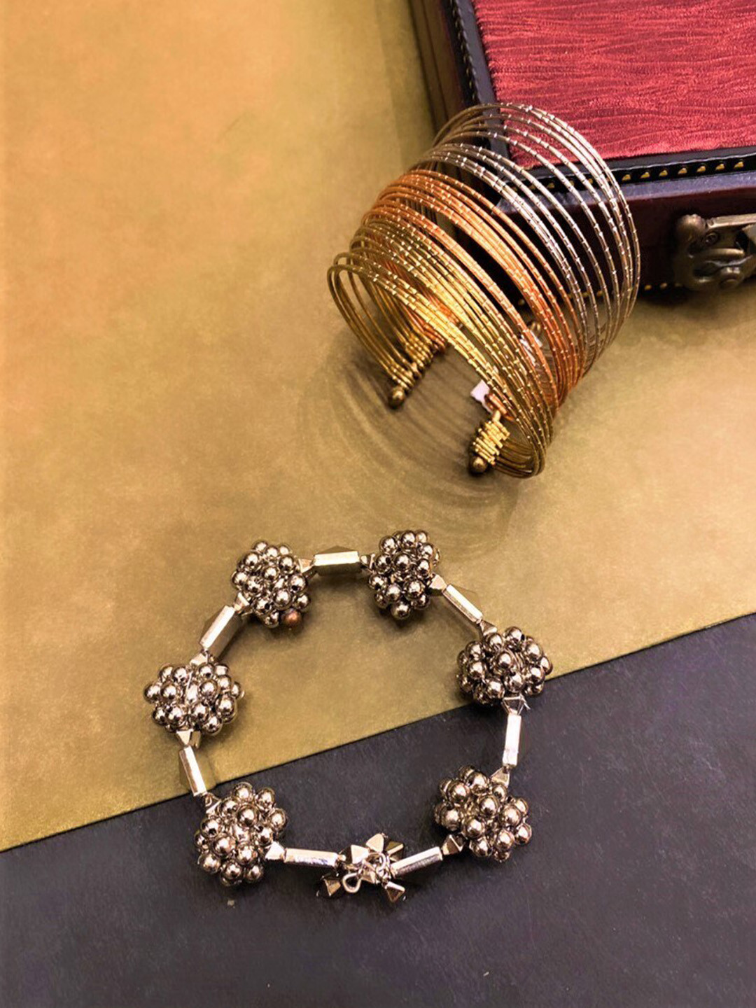 

ATIBELLE Set Of 2 Silver-Plated Dual Toned Adjustable Bangle