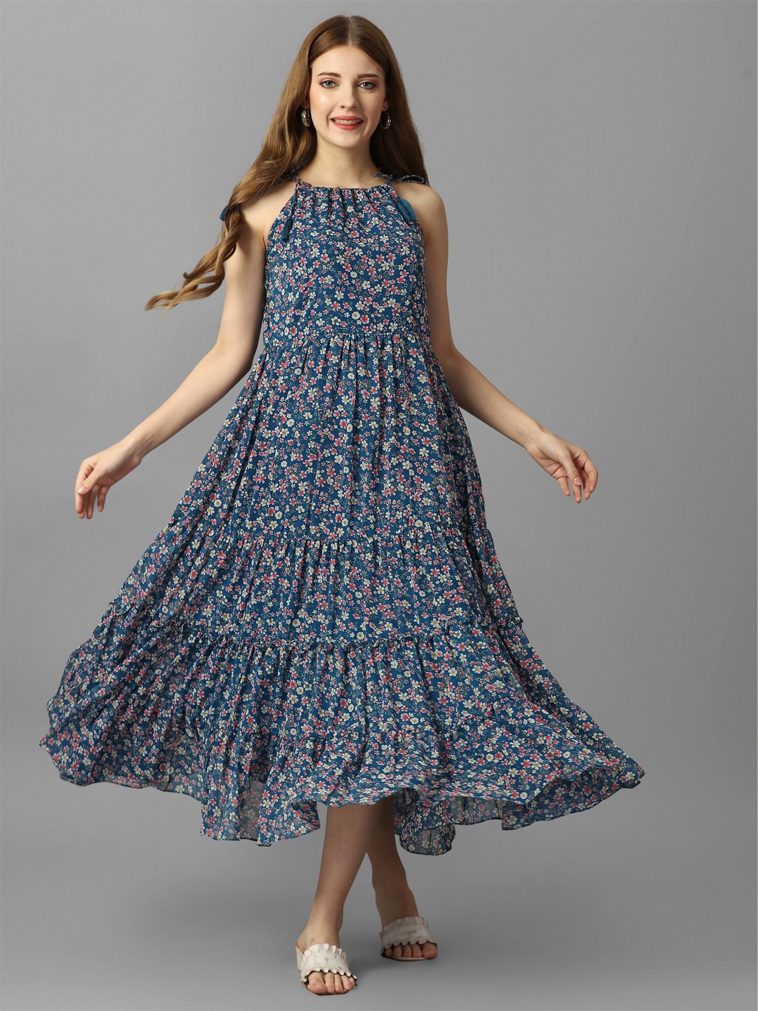

Fbella Floral Printed Shoulder Strap Gathered Georgette Fit & Flare Midi Dress, Teal