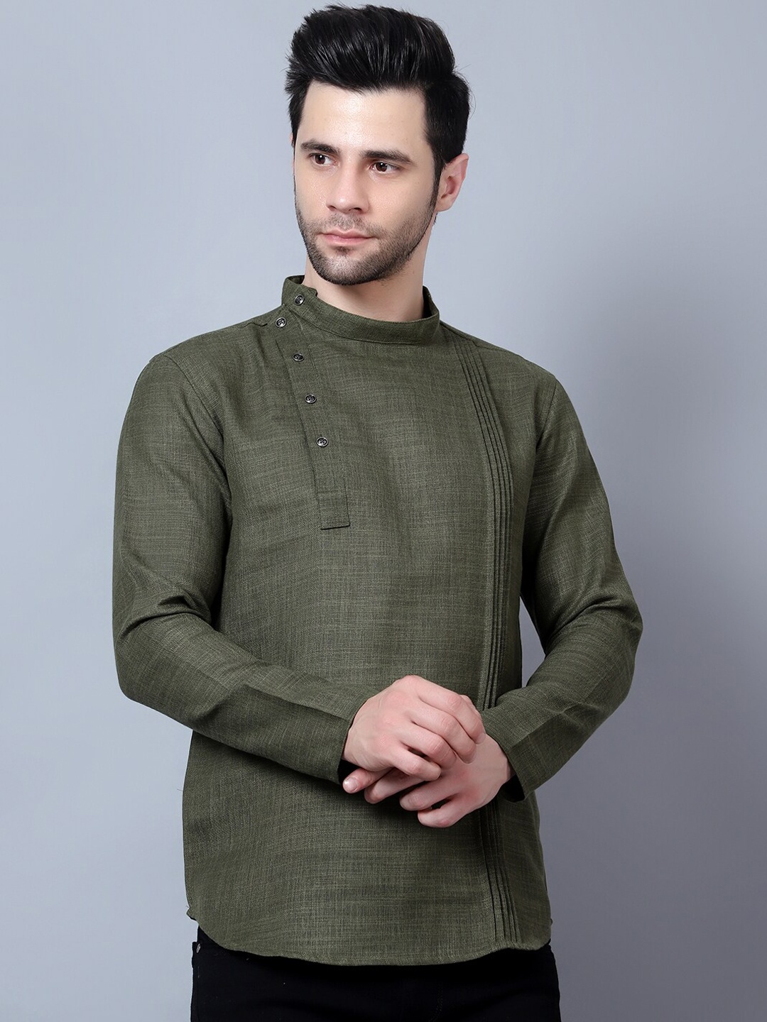 

HERE&NOW Olive Green Band Collar Short Kurta