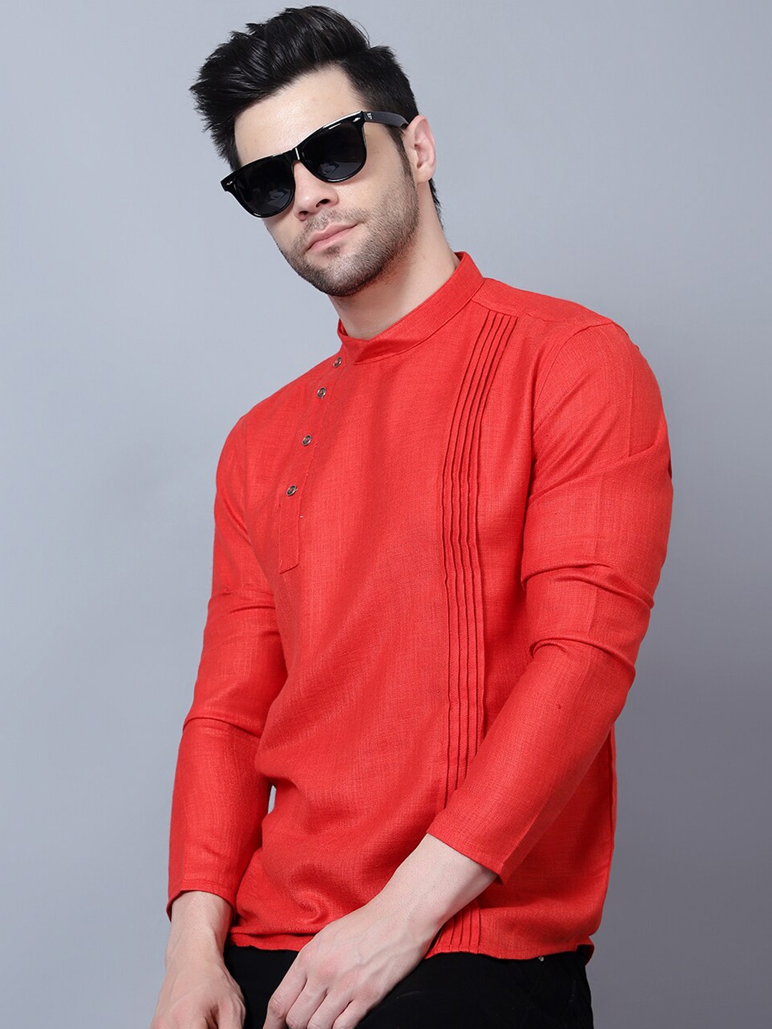 

HERE&NOW Mandarin Collar Pathani Kurta, Red