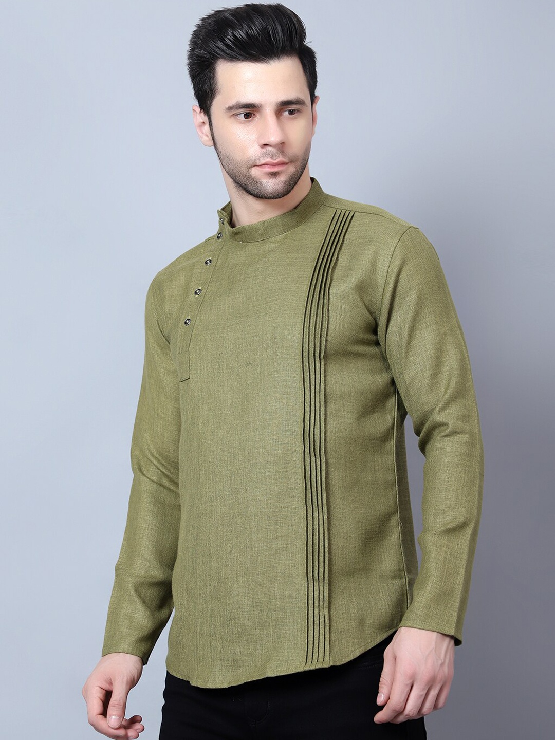 

HERE&NOW Mandarin Collar Pathani Kurta, Olive