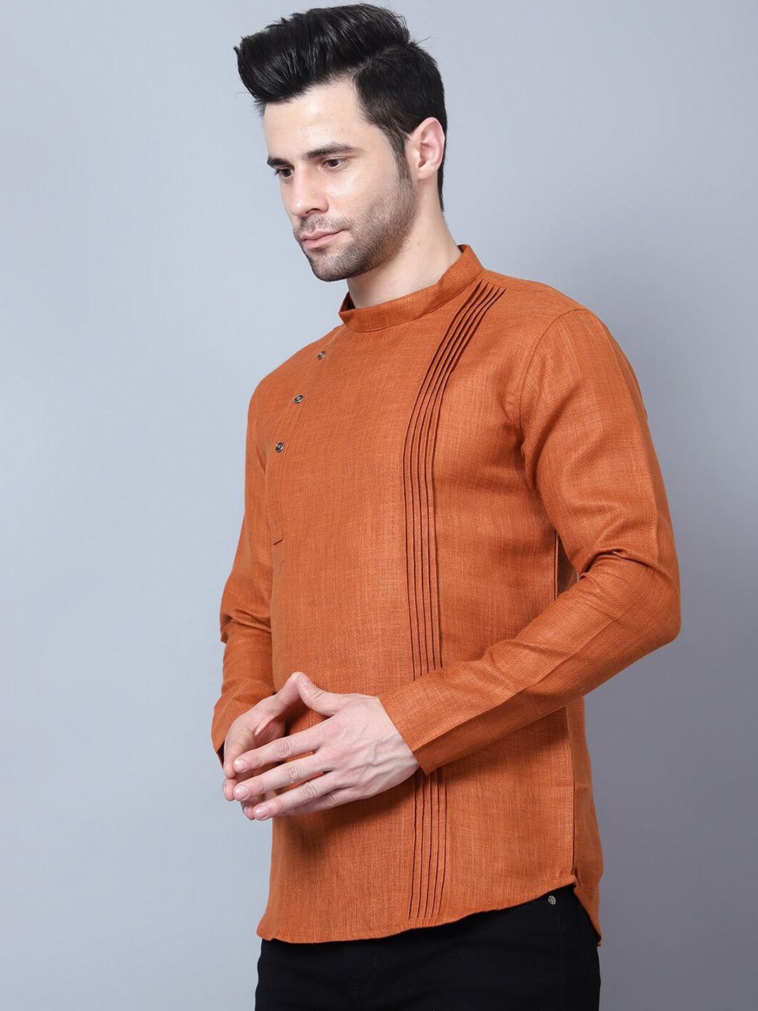 

HERE&NOW Band Collar Long Sleeves Regular Kurta, Rust