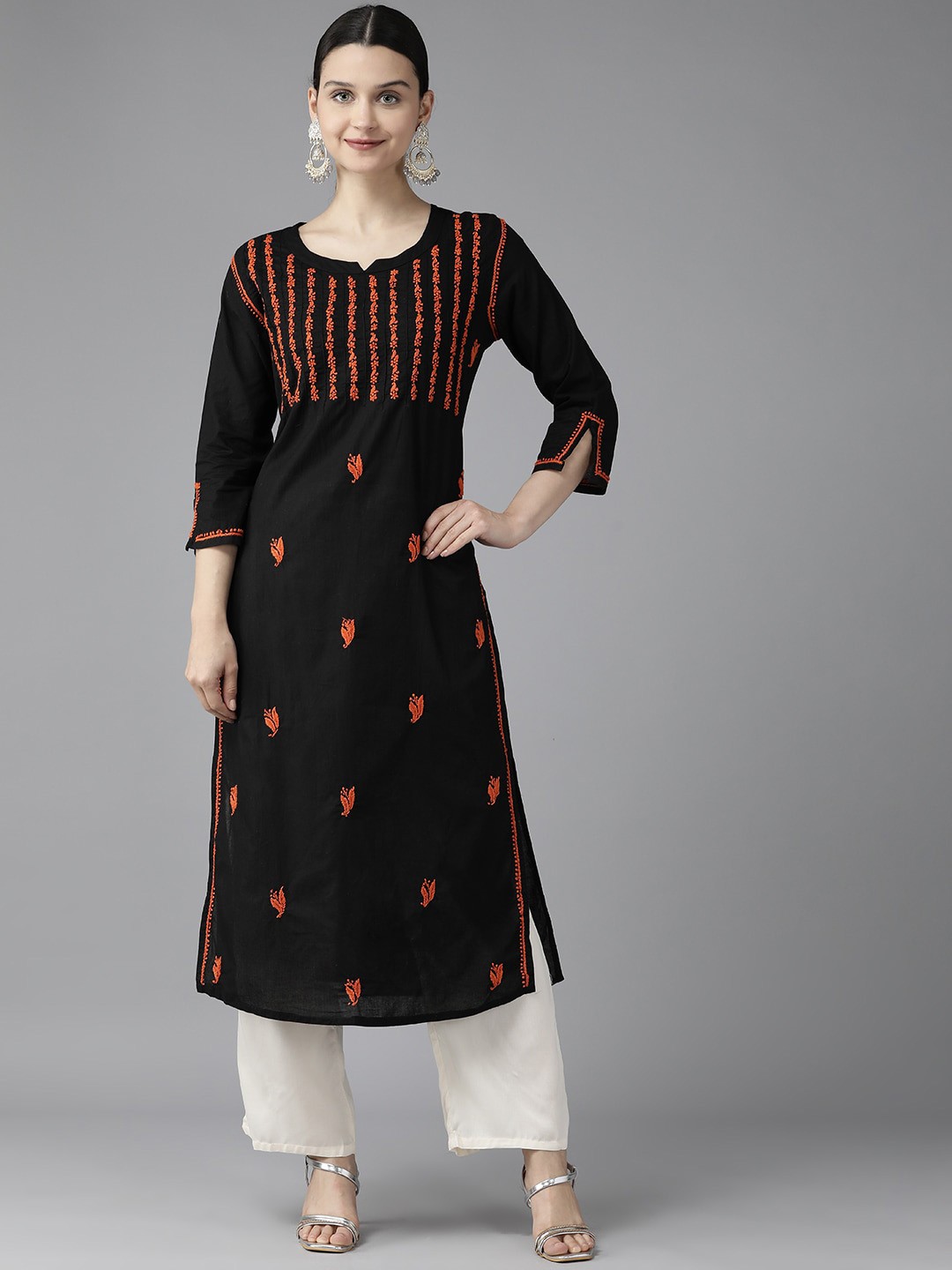 

ADA Chikankari Embroidered Straight Kurta, Black