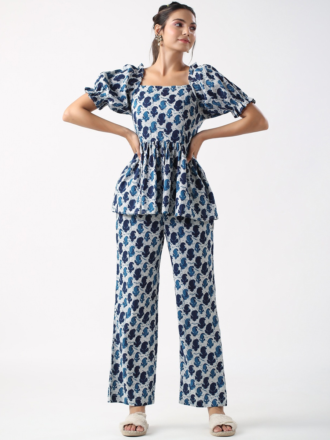 

JISORA White & Blue Printed Pure Cotton Square Neck Top & Trouser