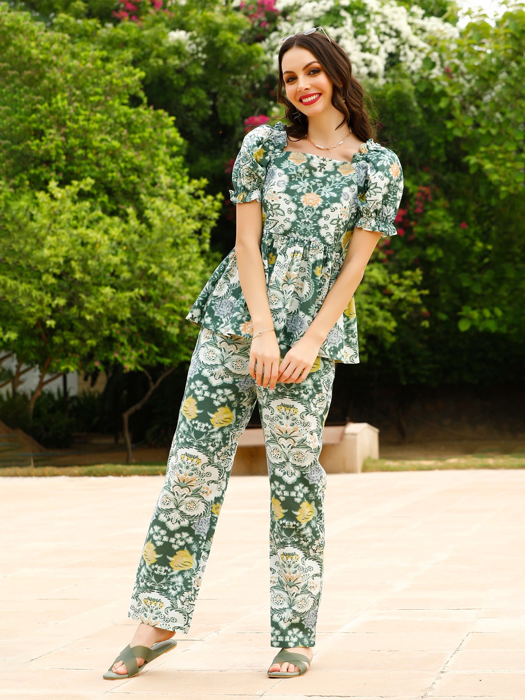 

JISORA Green & White Printed Pure Cotton Square Neck Top & Trouser