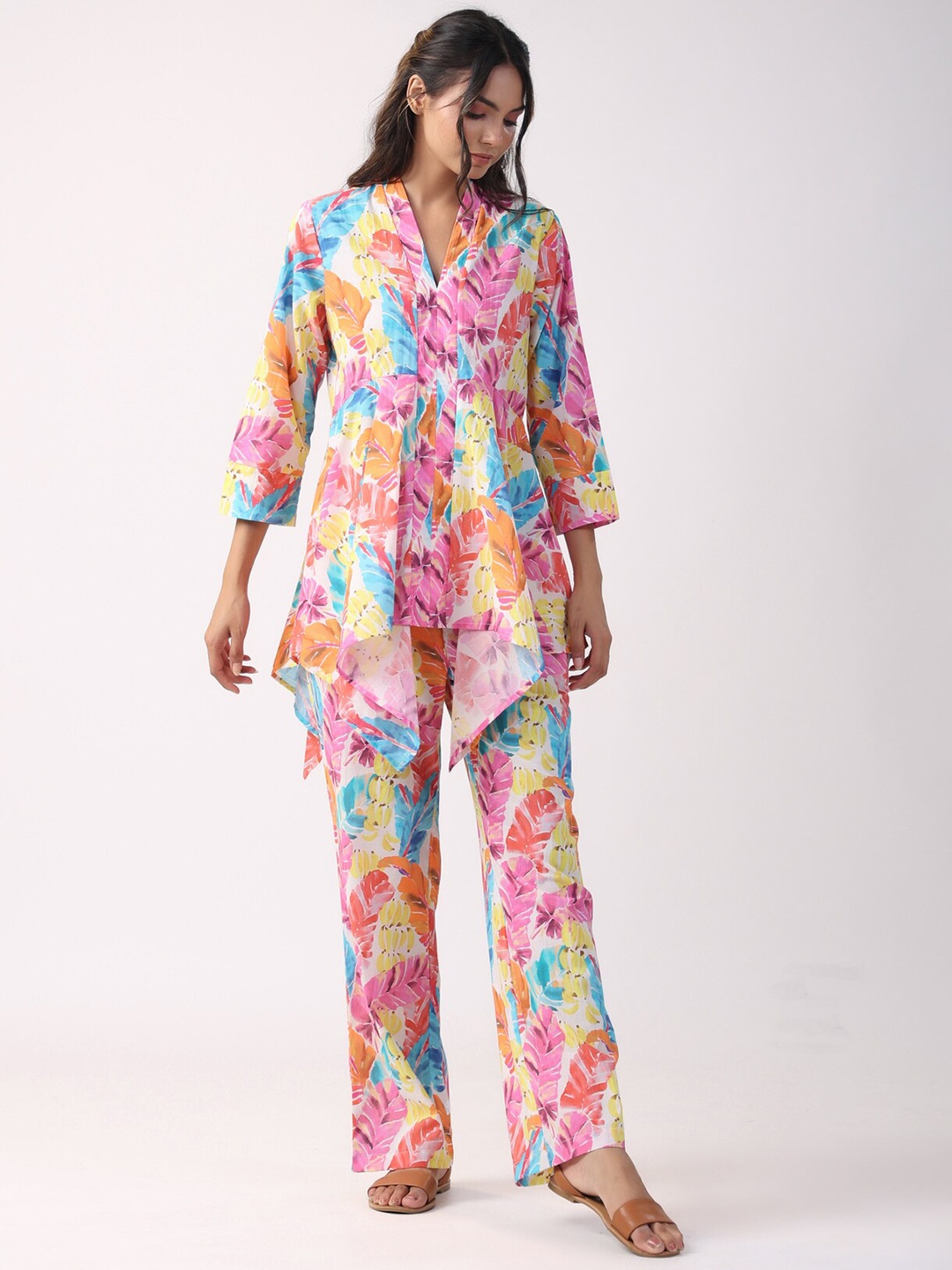 JISORA Pink & Yellow Printed Pure Cotton V-Neck Tunic & Trouser