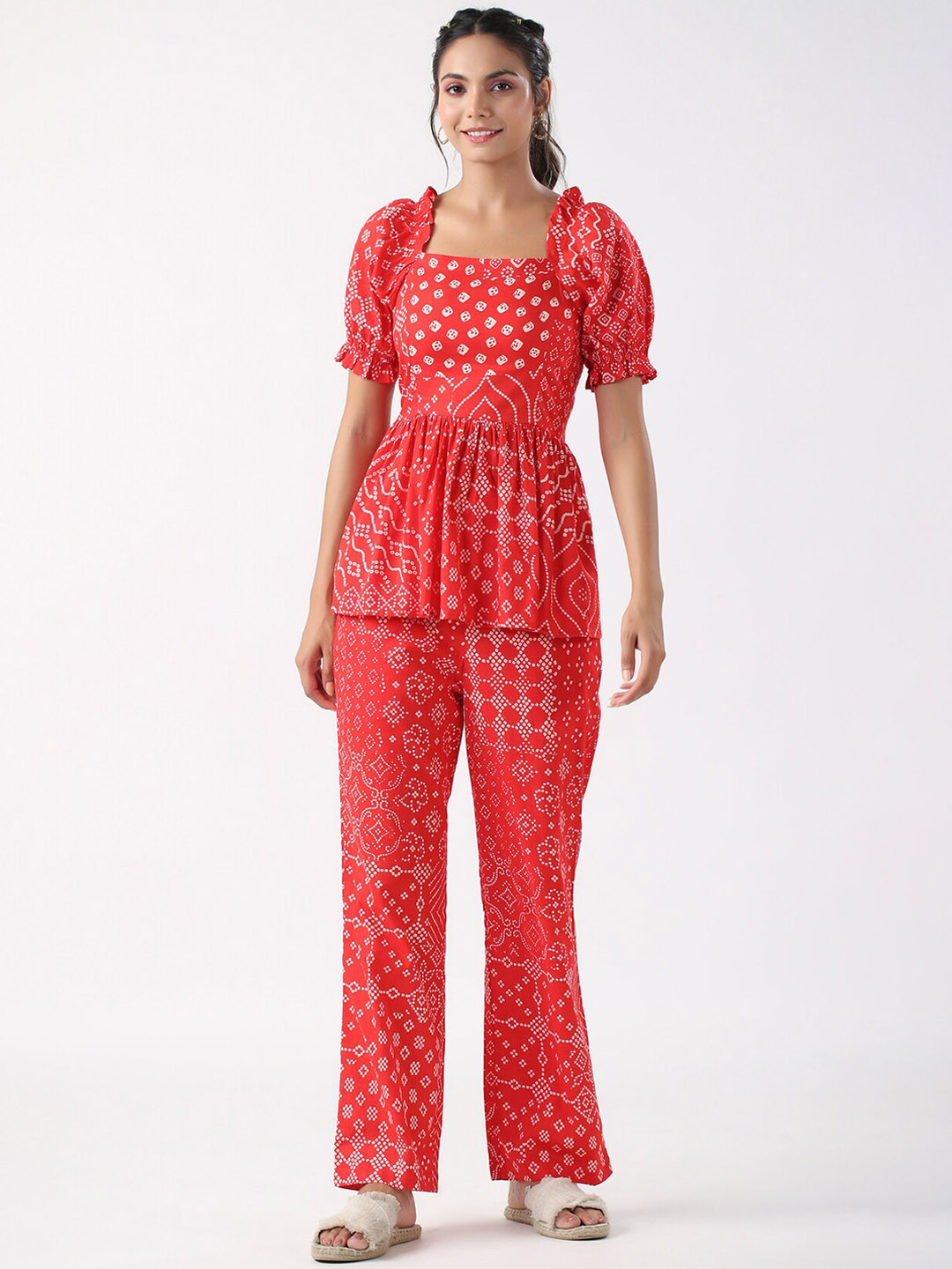 

JISORA Red Geometric Printed Pure Cotton Tunic & Trouser Co Ords