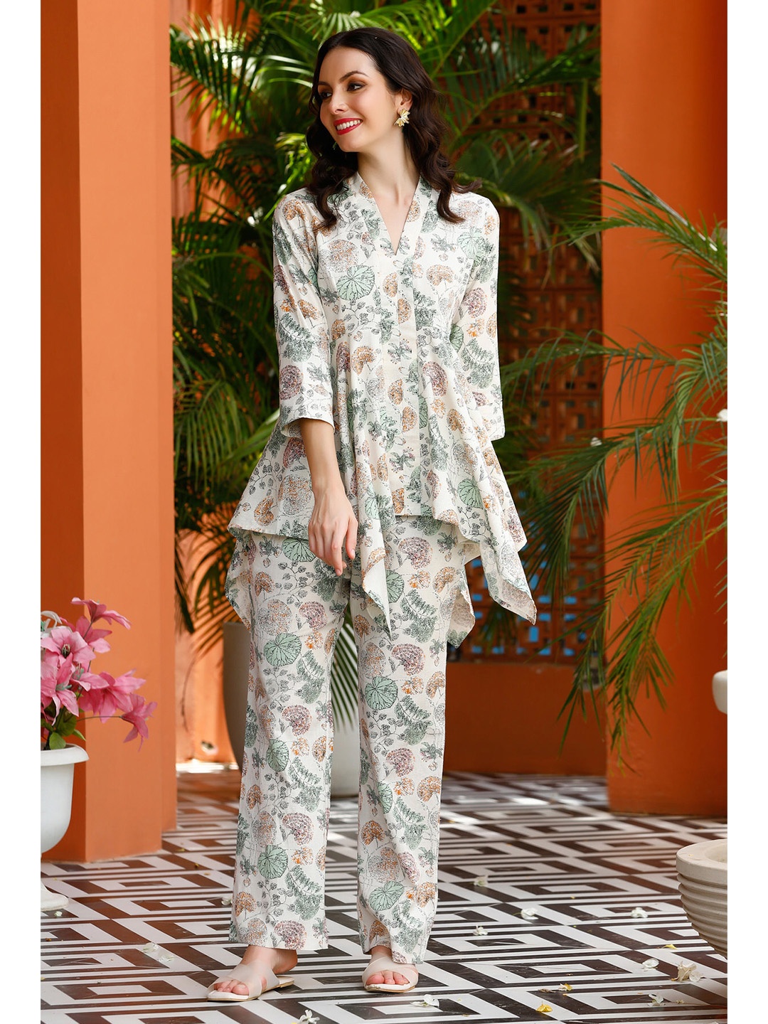 

JISORA Grey Floral Printed Pure Cotton Tunic & Trouser Co Ords