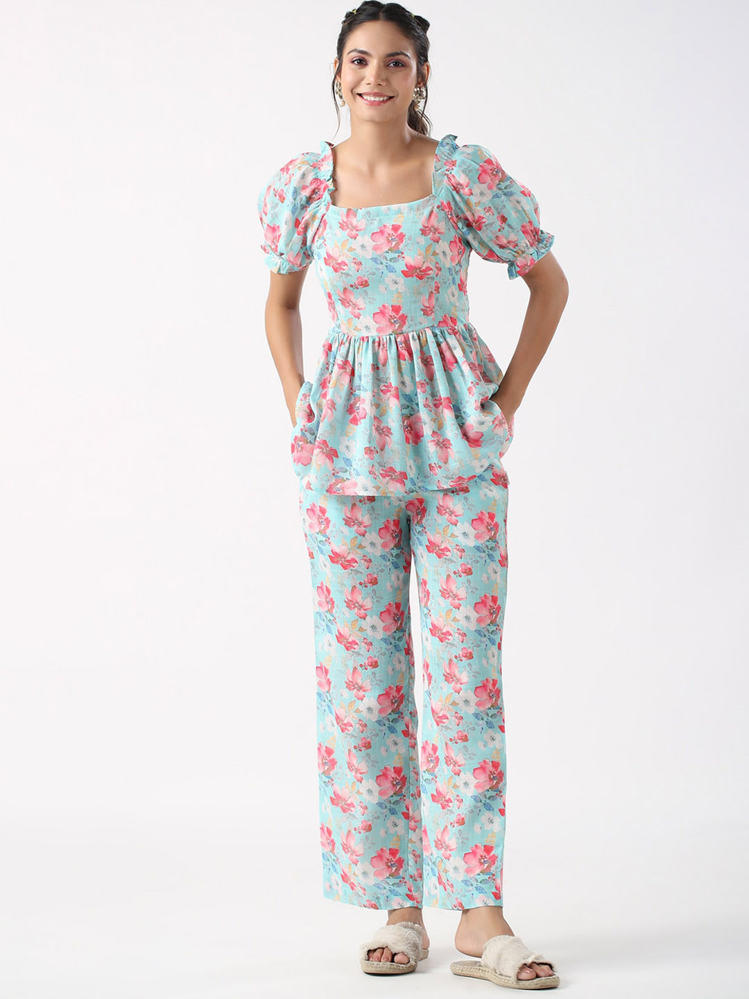 

JISORA Blue & Pink Printed Pure Cotton Square Neck Top & Trouser
