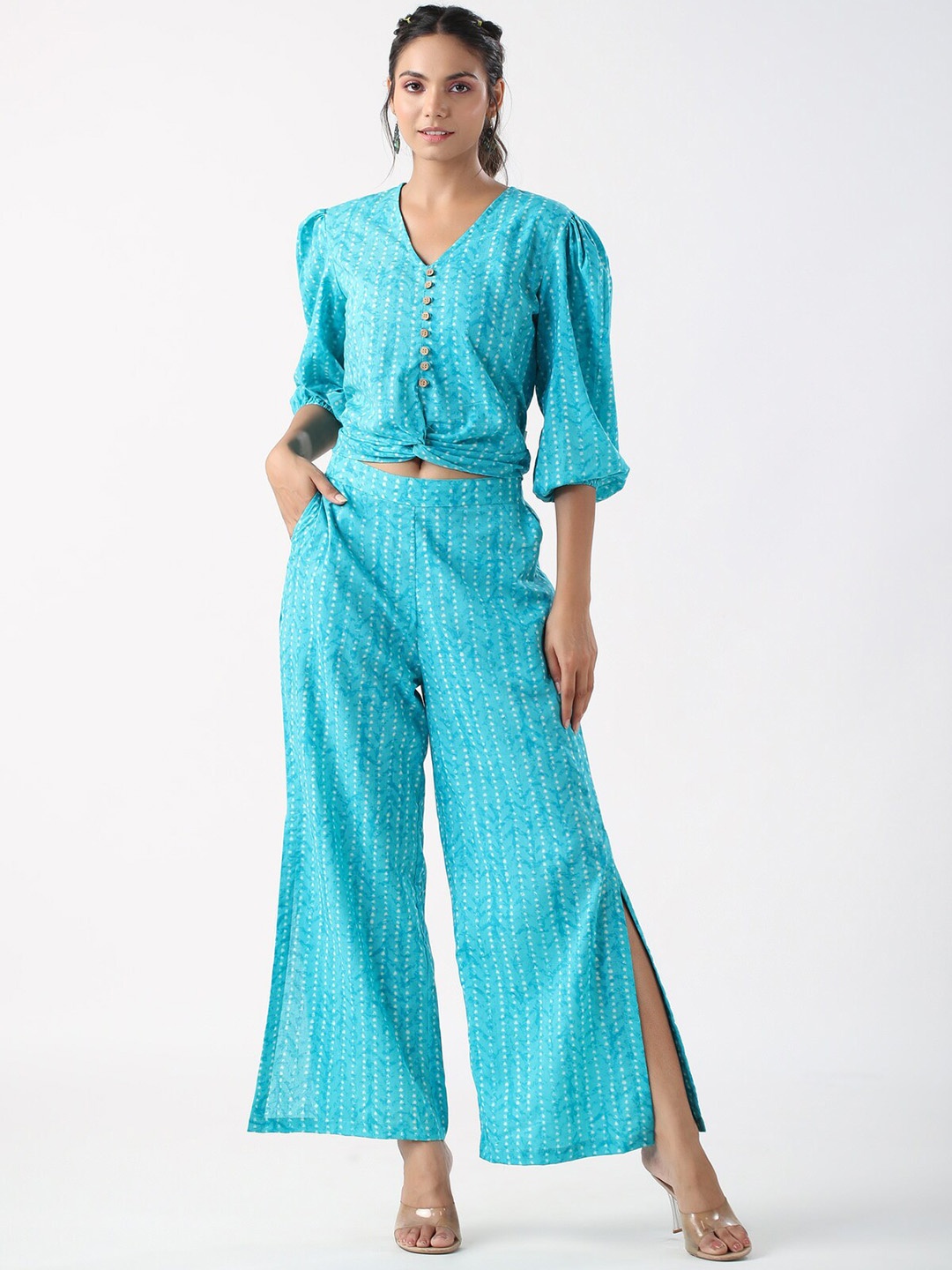 

JISORA Printed Pure Cotton Top & Palazzo Co Ords, Blue