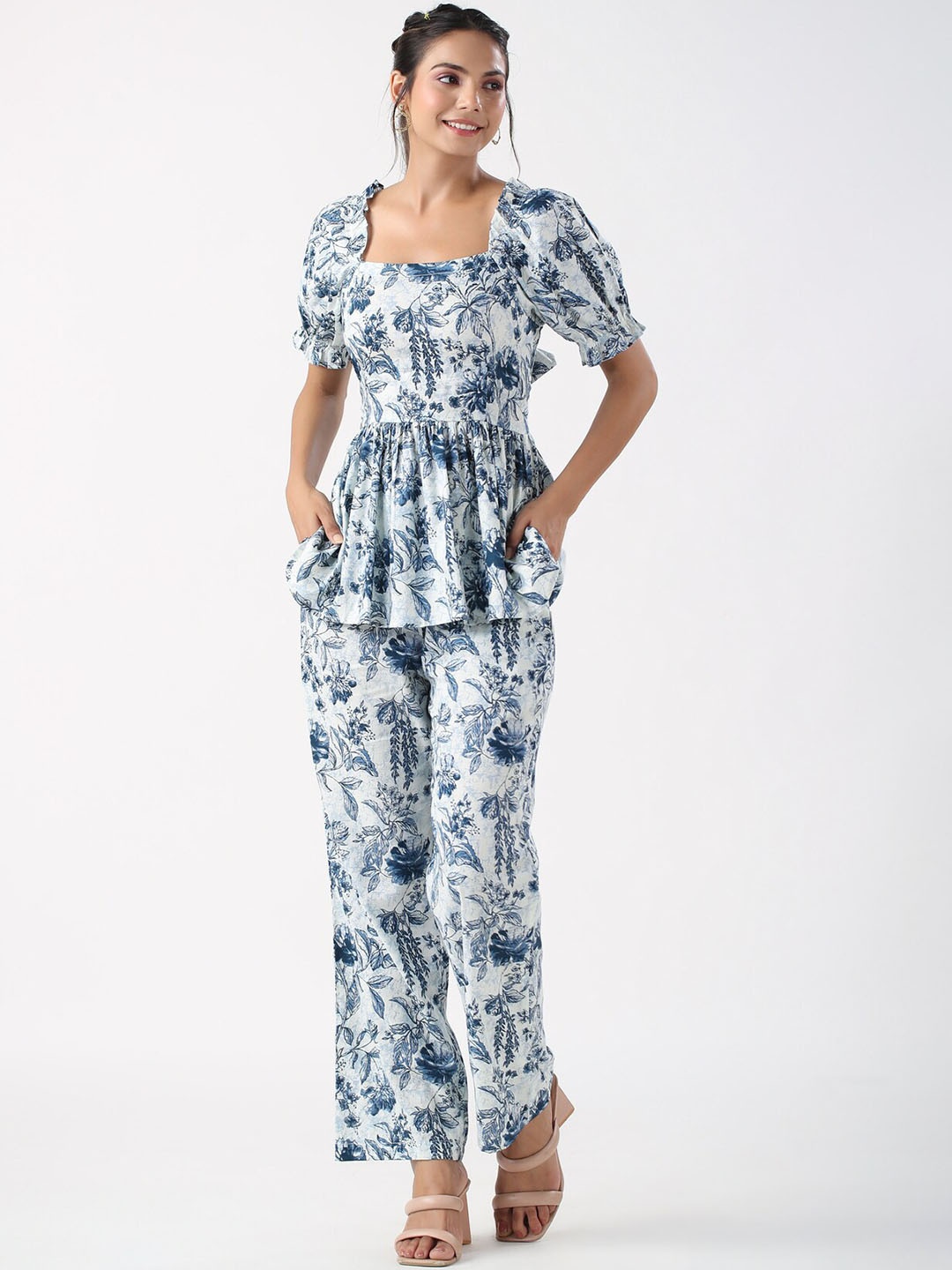 

JISORA Off White & Blue Floral Printed Pure Cotton Tunic & Trouser