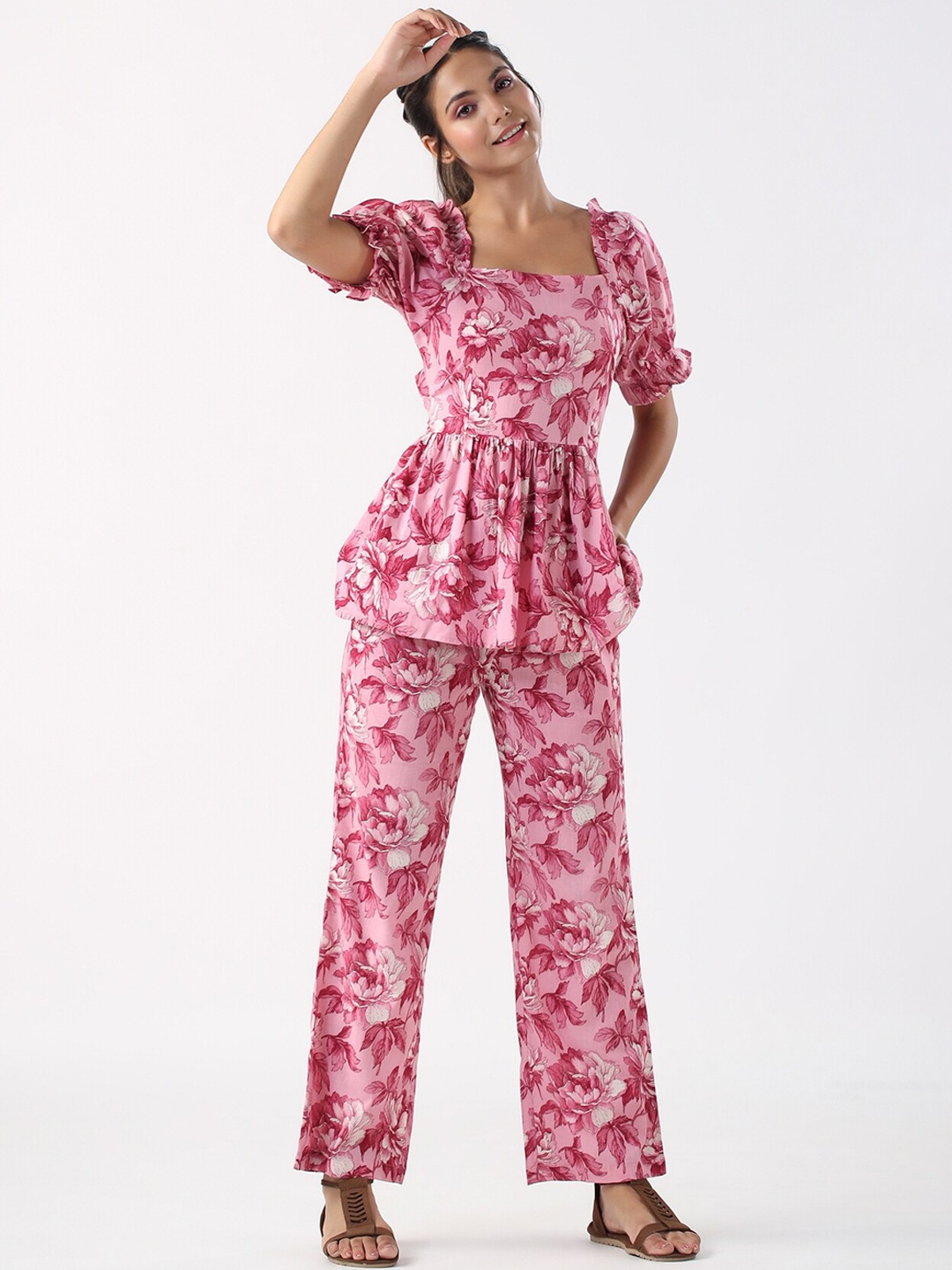 

JISORA Pink Floral Printed Pure Cotton Tunic & Trouser Co Ords