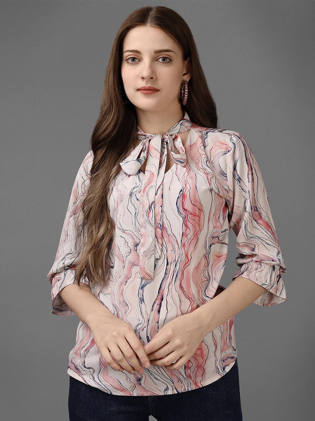 

Fbella Abstract Printed Tie-Up Neck Top, Pink