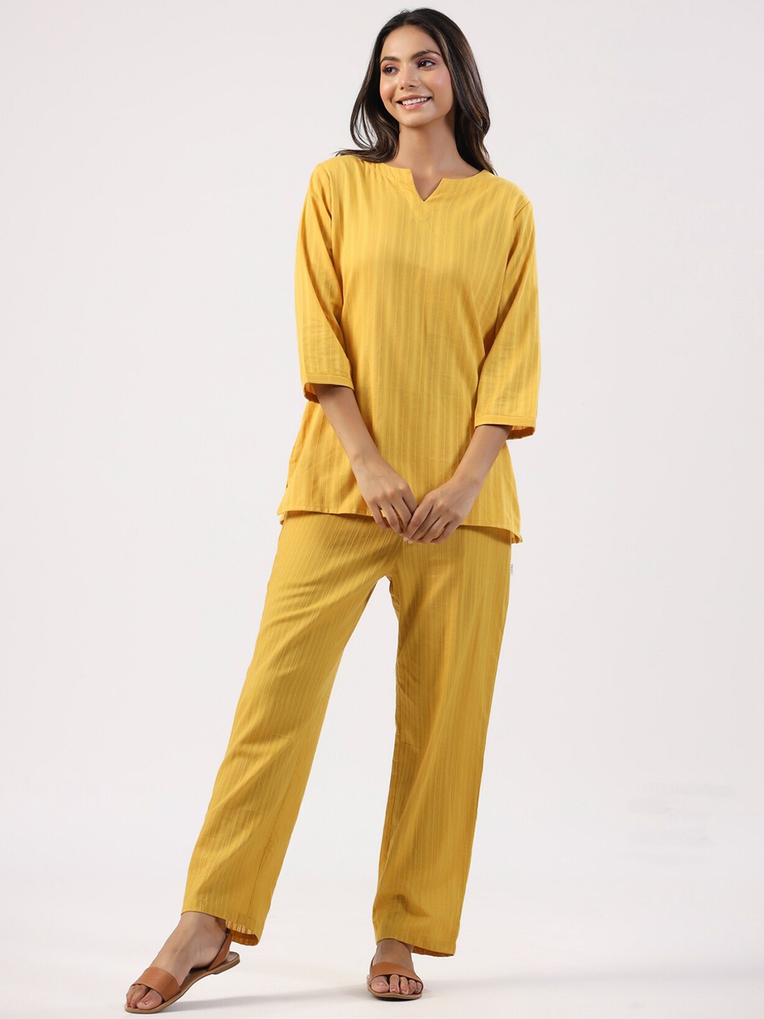 

JISORA Striped Pure Cotton Night suit, Yellow