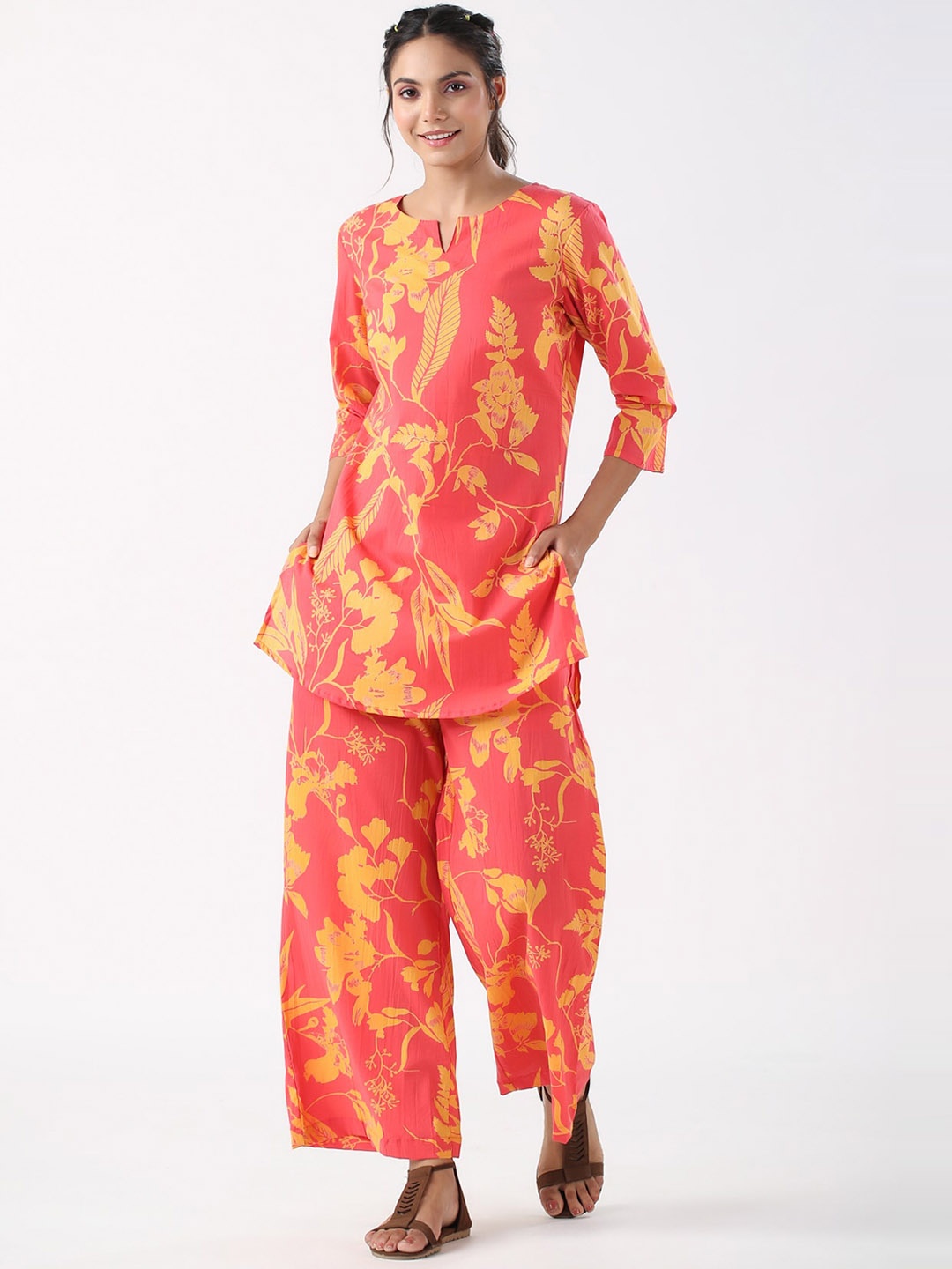 

JISORA Orange Floral Printed Printed Night suit