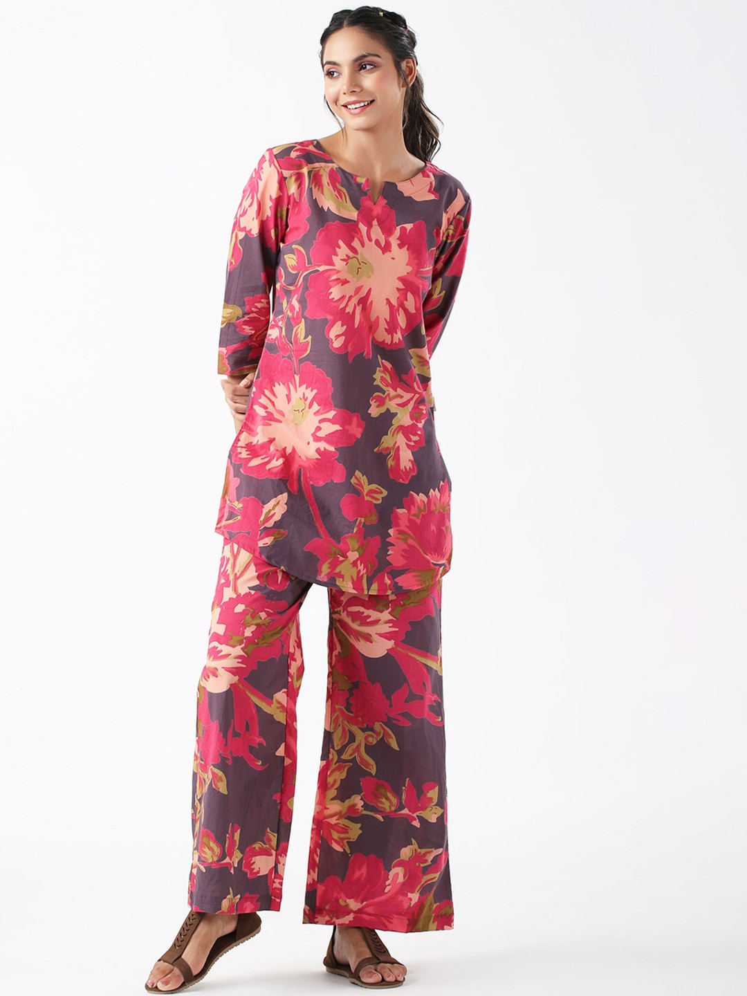 

JISORA Floral Printed Pure Cotton Top With Pyjamas, Pink
