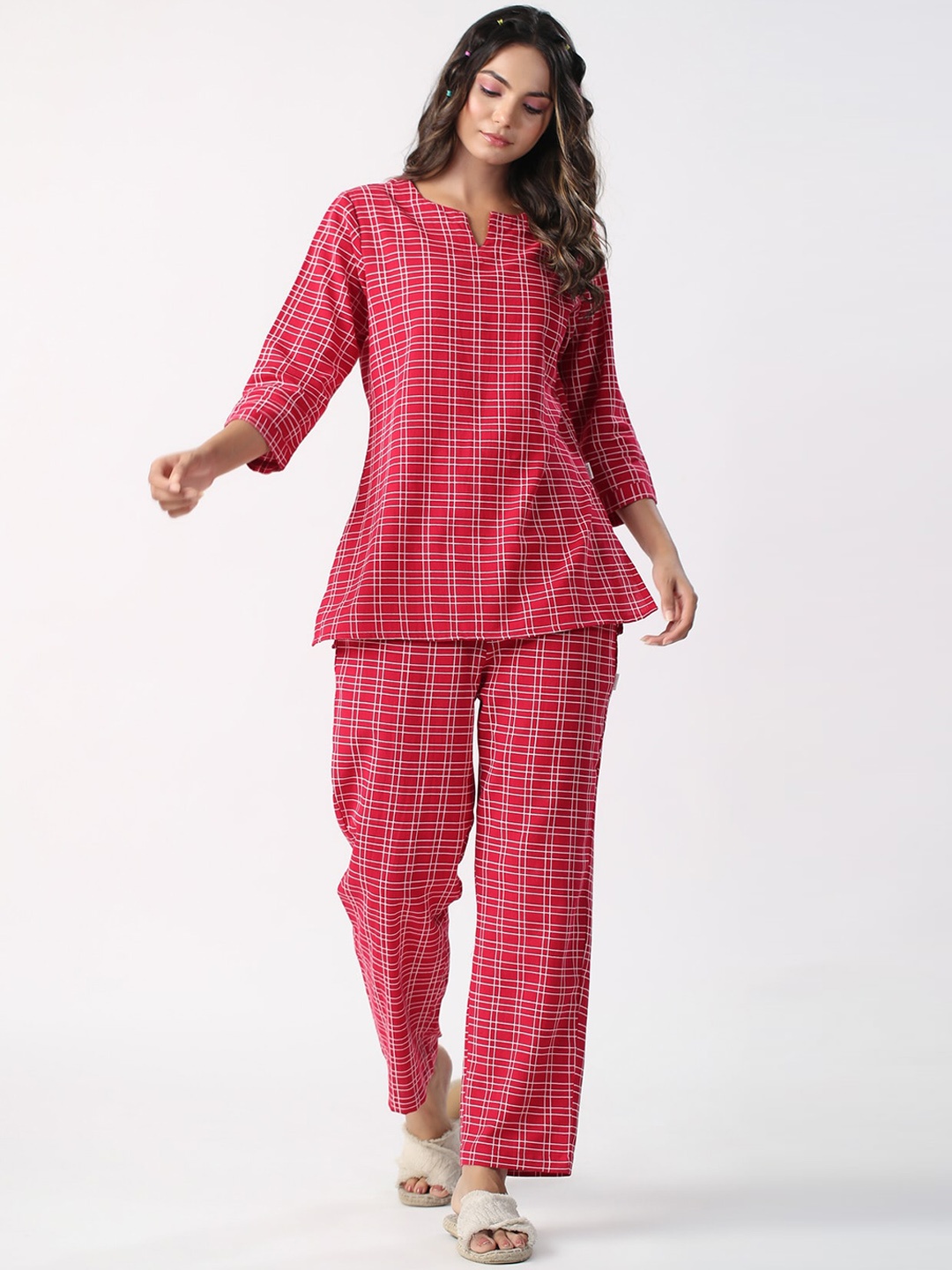 

JISORA Red Checked Pure Cotton Night suit