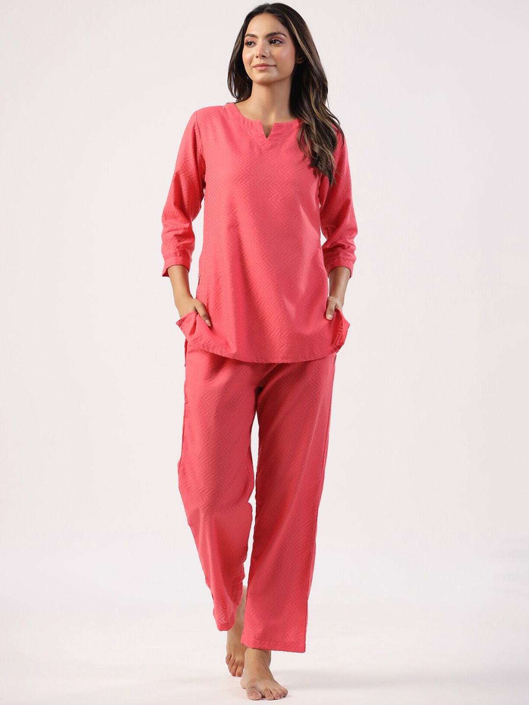 

JISORA Geometric Printed Pure Cotton Night suit, Pink