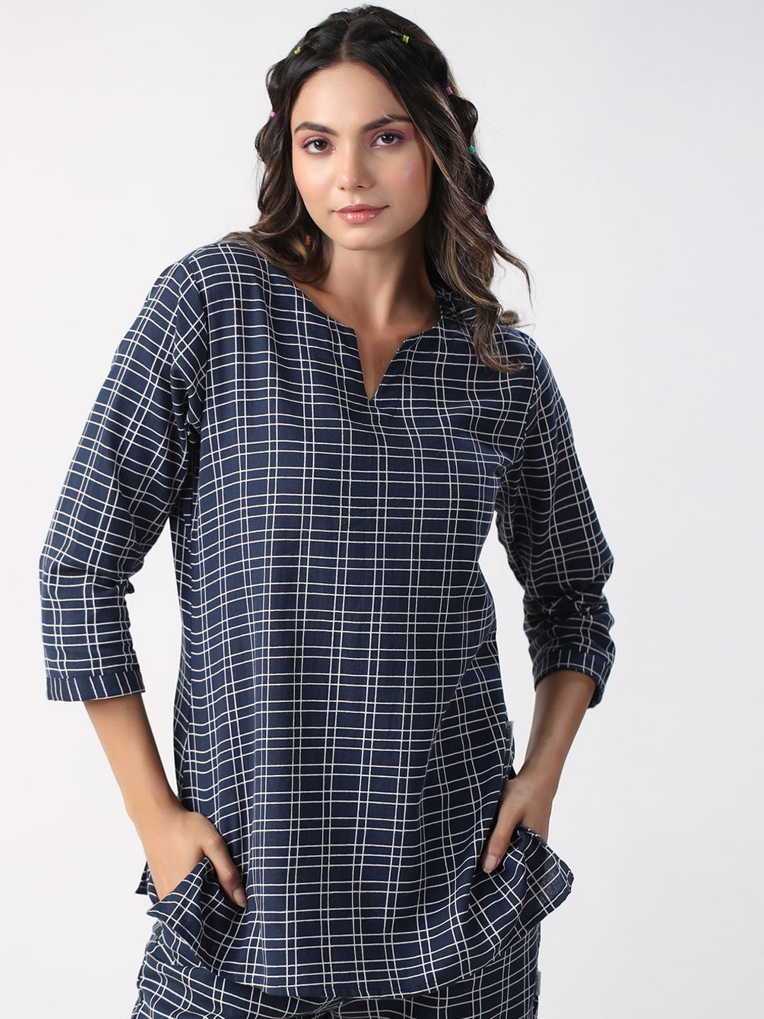 

JISORA Blue & White Checked Pure Cotton Night suit