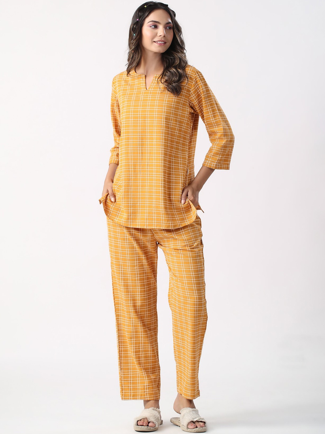 

JISORA Mustard Yellow Checked Pure Cotton Night suit