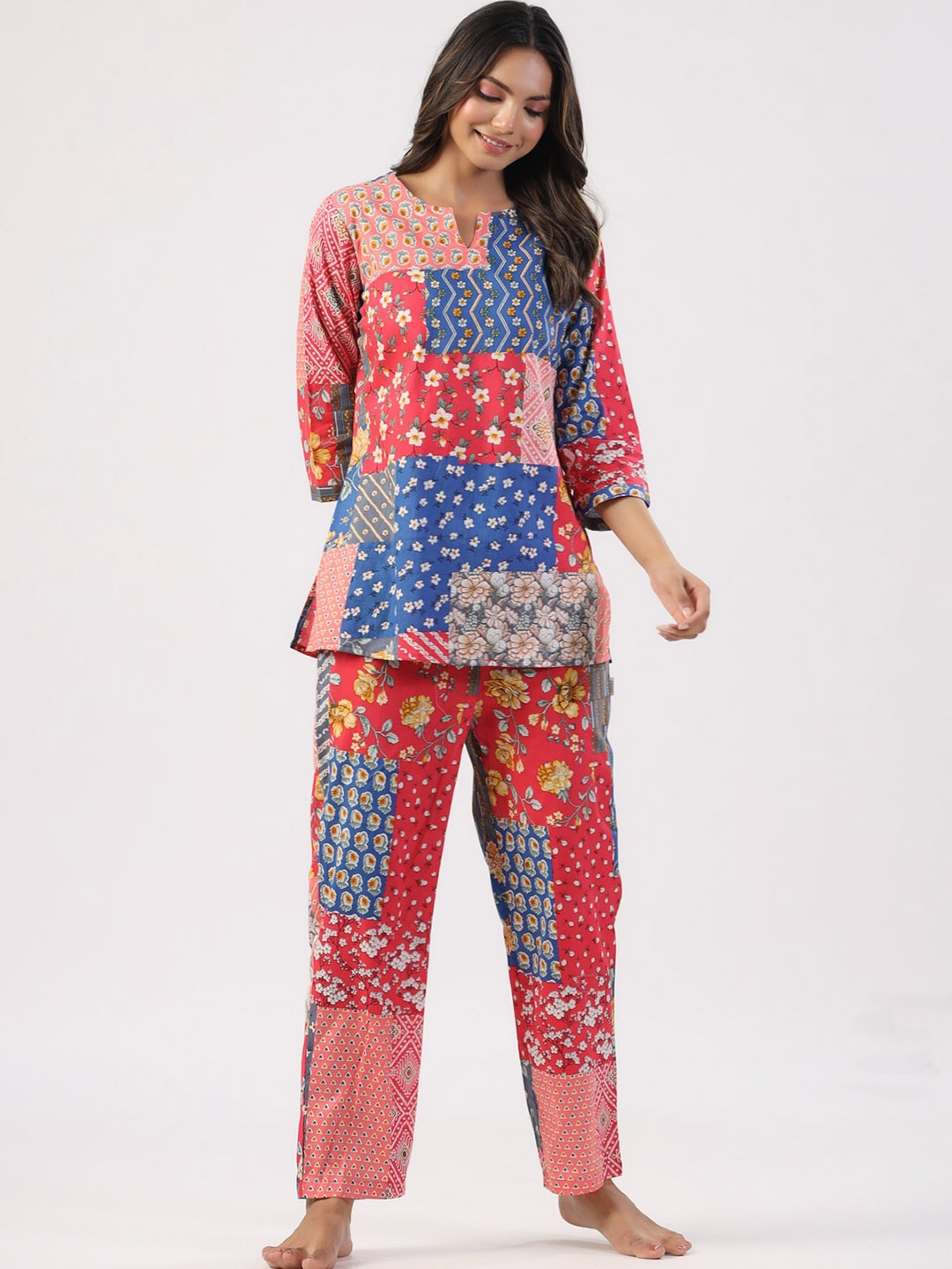 

JISORA Floral Printed Printed Night suit, Red