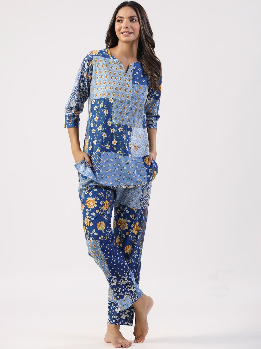 

JISORA Floral Printed Pure Cotton Night suit, Blue
