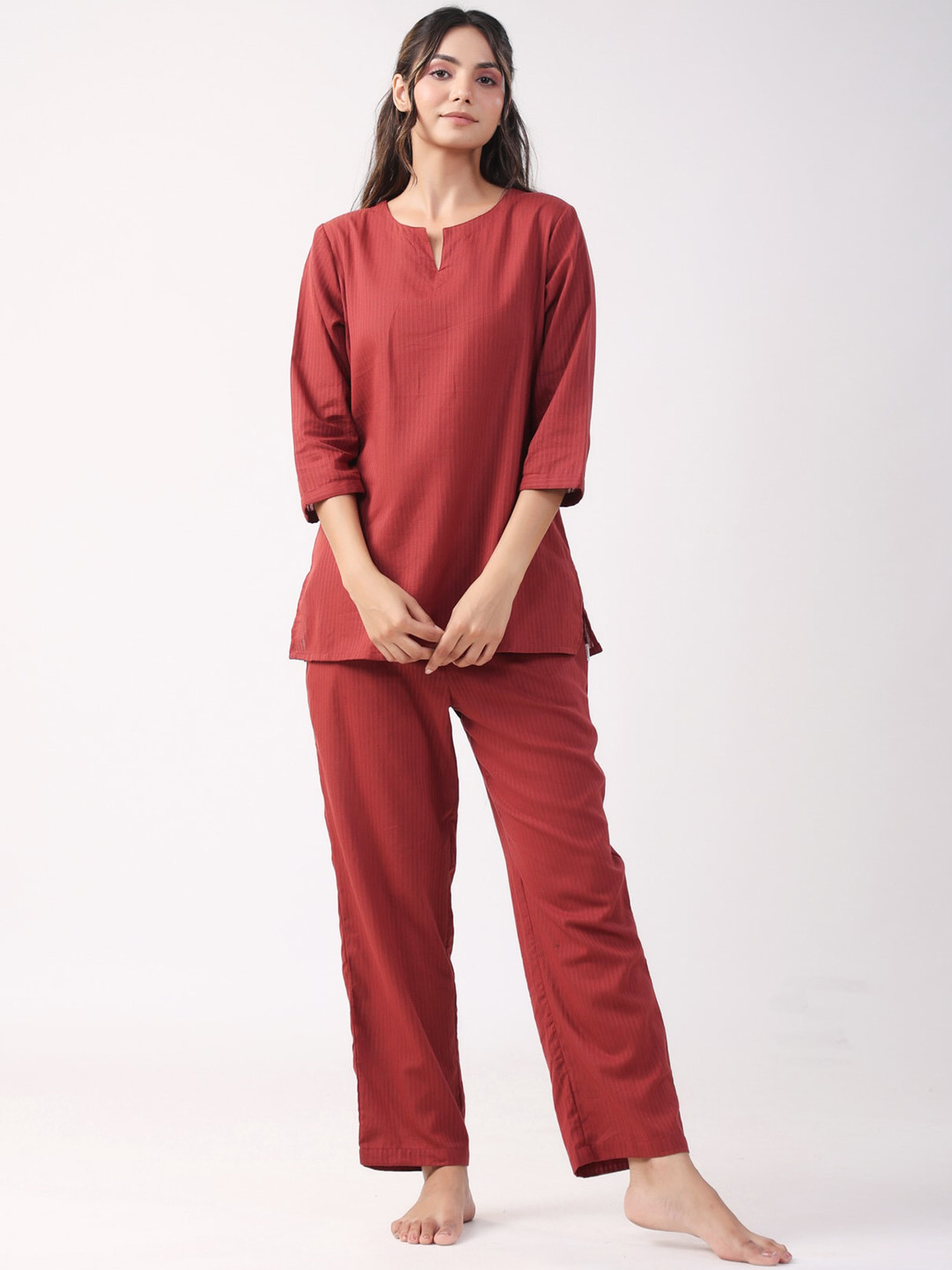 

JISORA Maroon Striped Pure Cotton Night suit