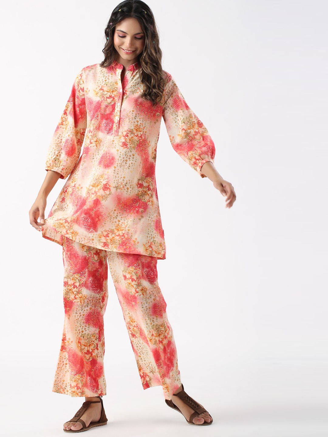 

JISORA Printed Cotton Top & Palazzo, Peach