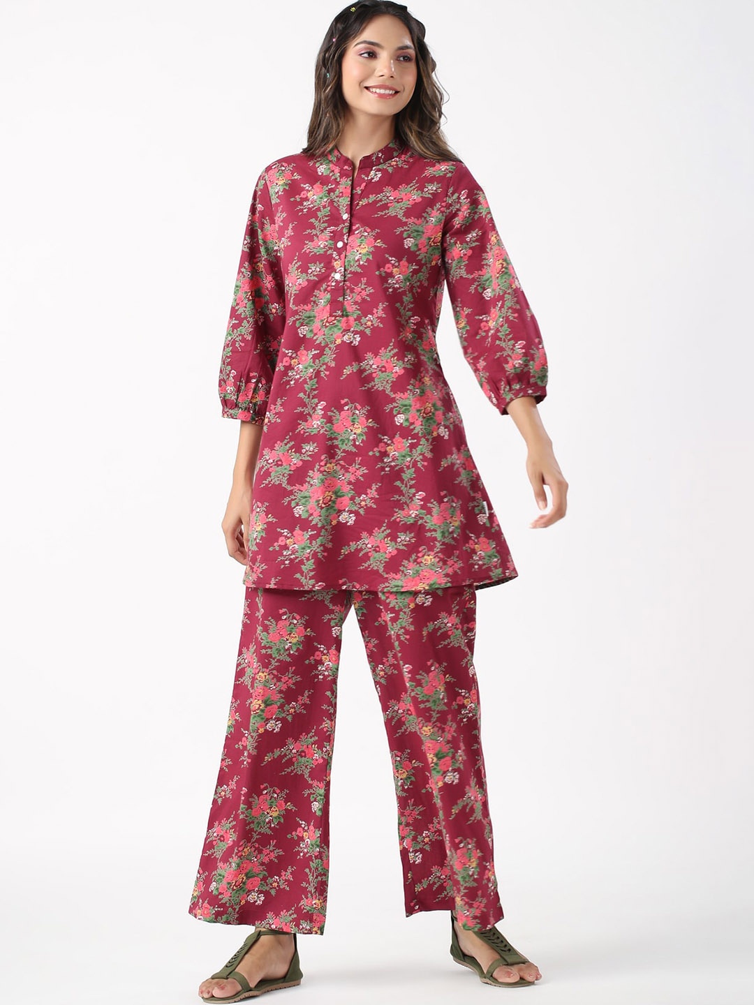 

JISORA Floral Printed Cotton Top & Palazzo, Maroon