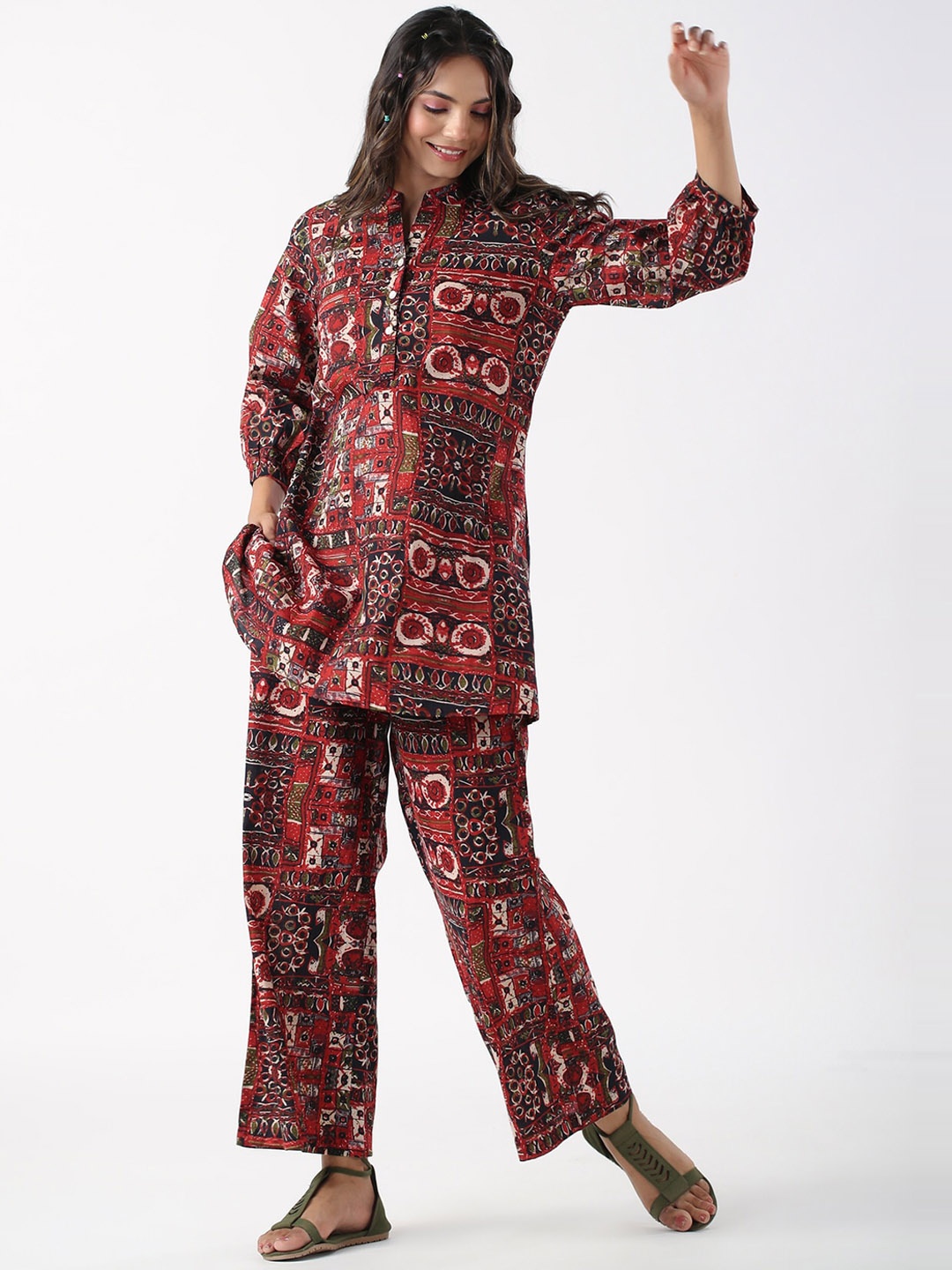 

JISORA Printed Shirt Collar Cotton Top & Palazzo Kurta Set, Maroon