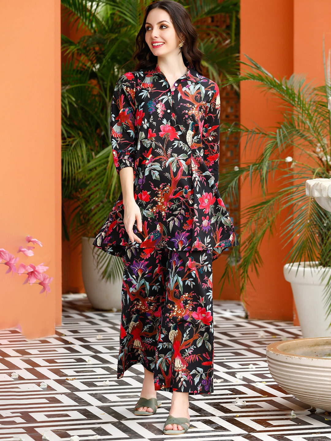 

JISORA Floral Printed Shirt Collar Cotton Top & Palazzo Co-Ords Set, Black