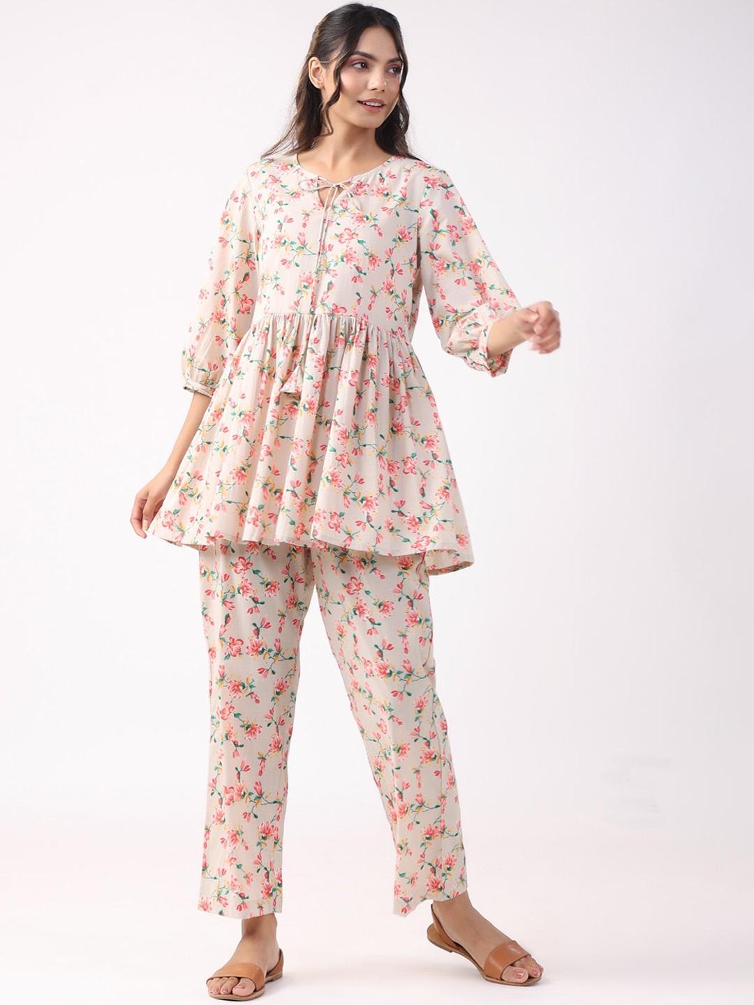 

JISORA Floral Printed Tie-Up Neck Cotton Top & Trouser Co-Ords Set, Off white