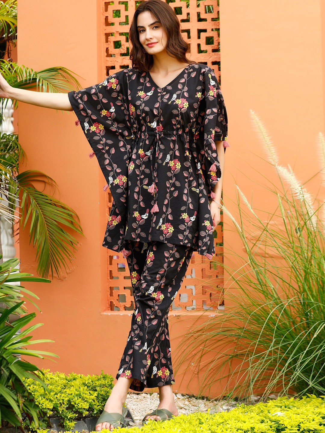

JISORA Black Conversational Printed Cotton Kaftan Tunic & Palazzo