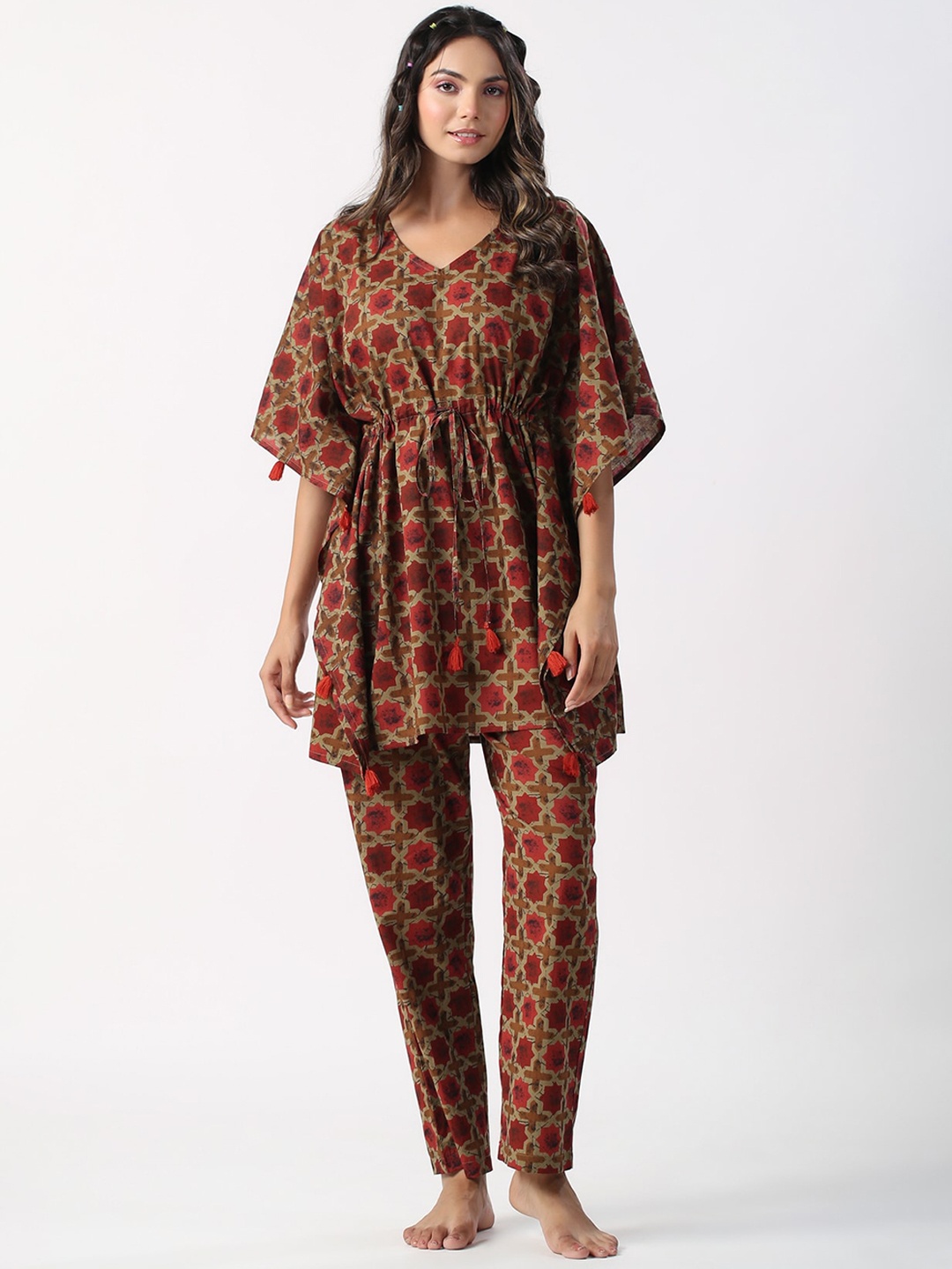 

JISORA Maroon Geometric Printed Pure Cotton Night suit